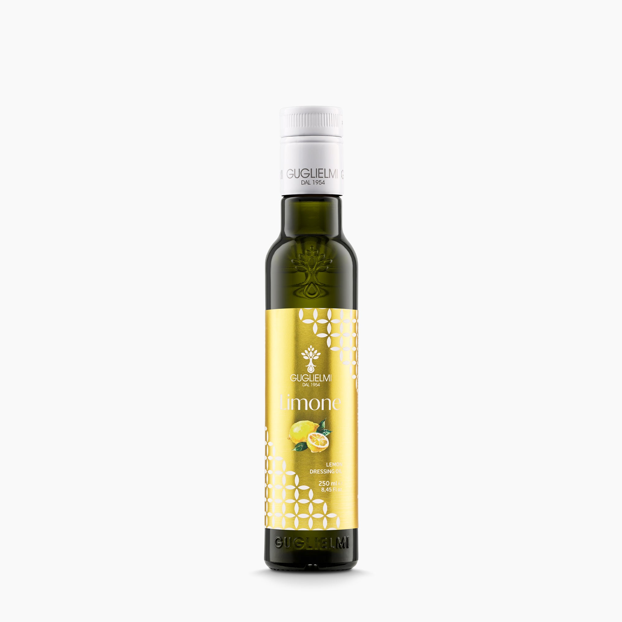 250 ml bottle of Olio Guglielmi Crushed Lemon flavored extra virgin olive oil.