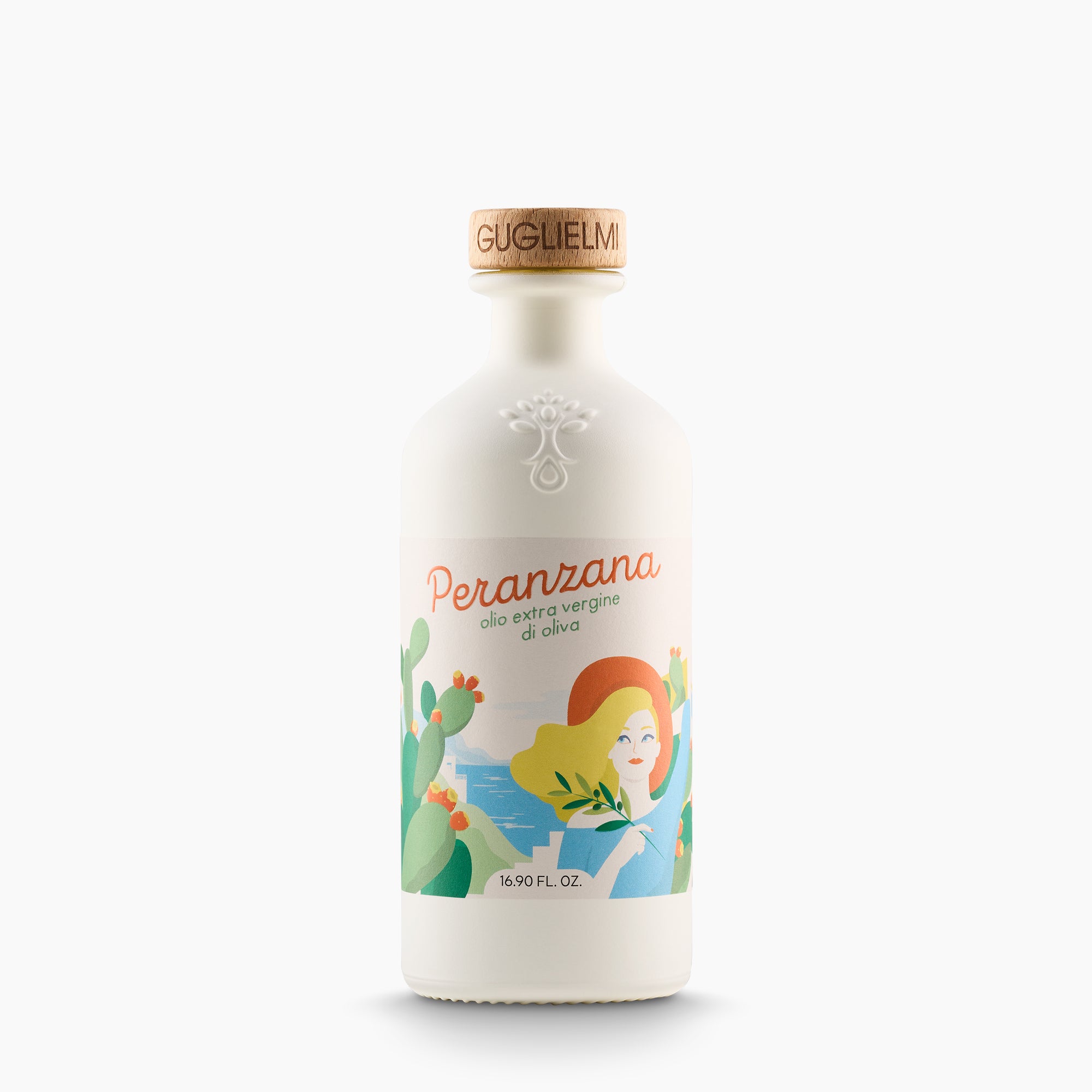 500 ml bottle of Guglielmi Le Monocultivar Peranzana extra virgin olive oil.