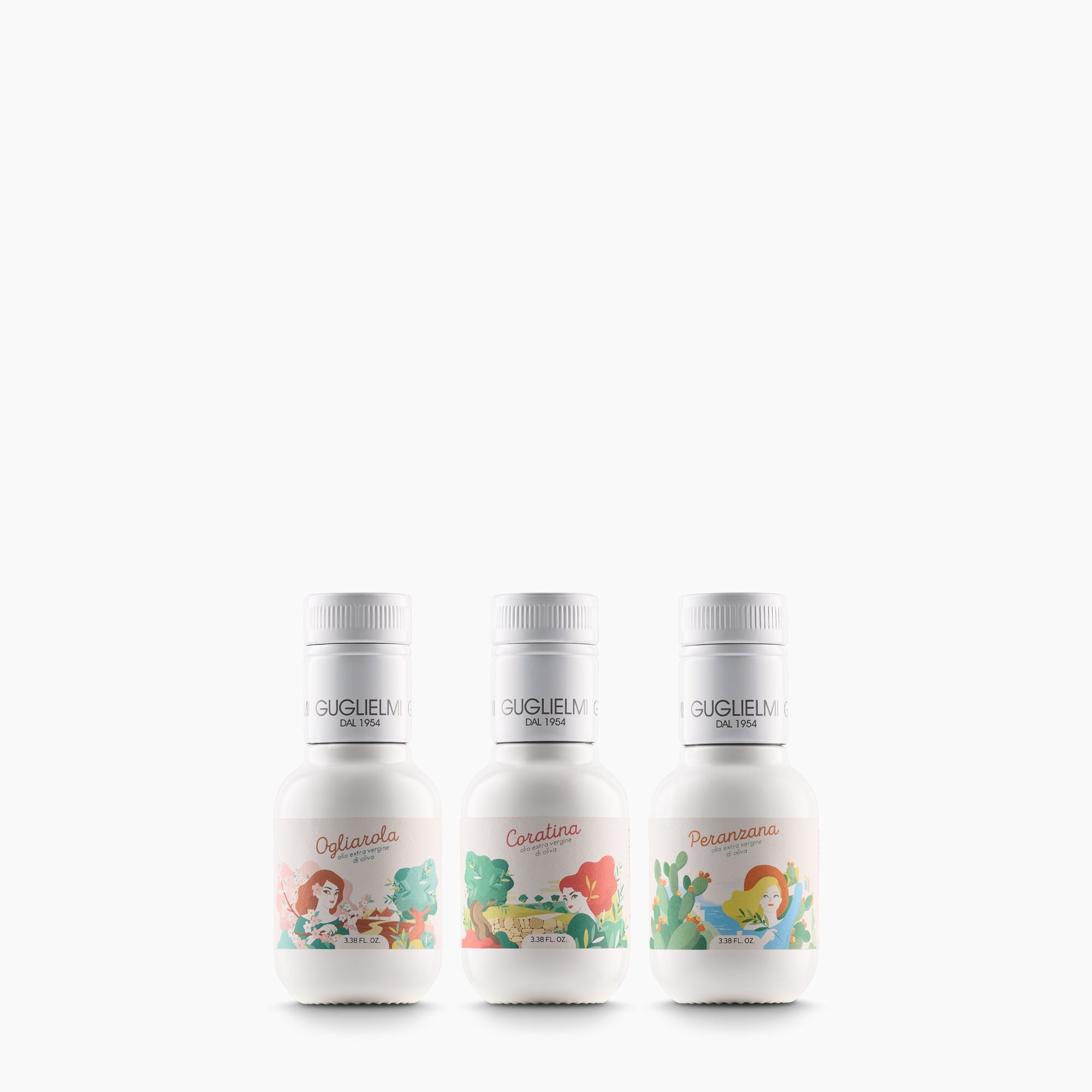 Guglielmi Le Monocultivar Travel Trio with three 100 ml bottles: Ogliarola, Coratina, and Peranzana extra virgin olive oils.