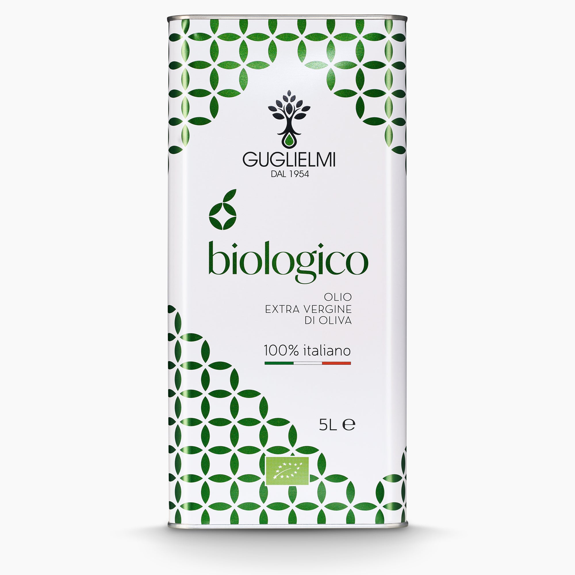 A 5L Tin of Guglielmi Biologico extra virgin olive oil from Puglia, Italy.