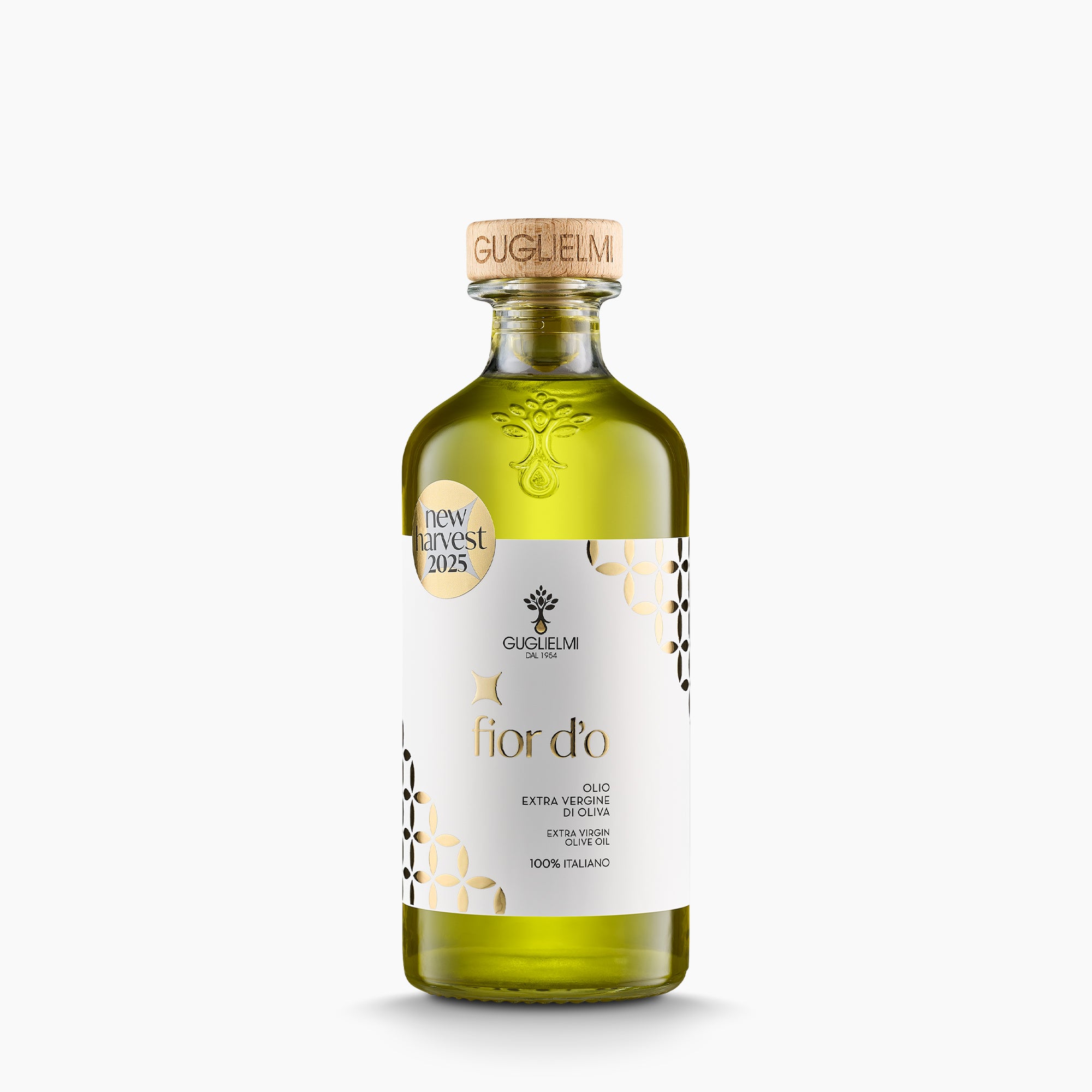 Guglielmi Fior D’O Nuovo 500ml extra virgin olive oil bottle, from Puglia, Italy.