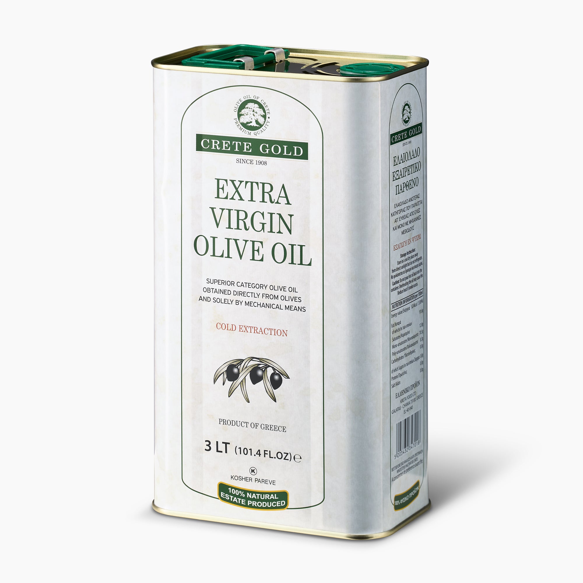Crete Gold 3L extra virgin olive oil tin from an angled front view.