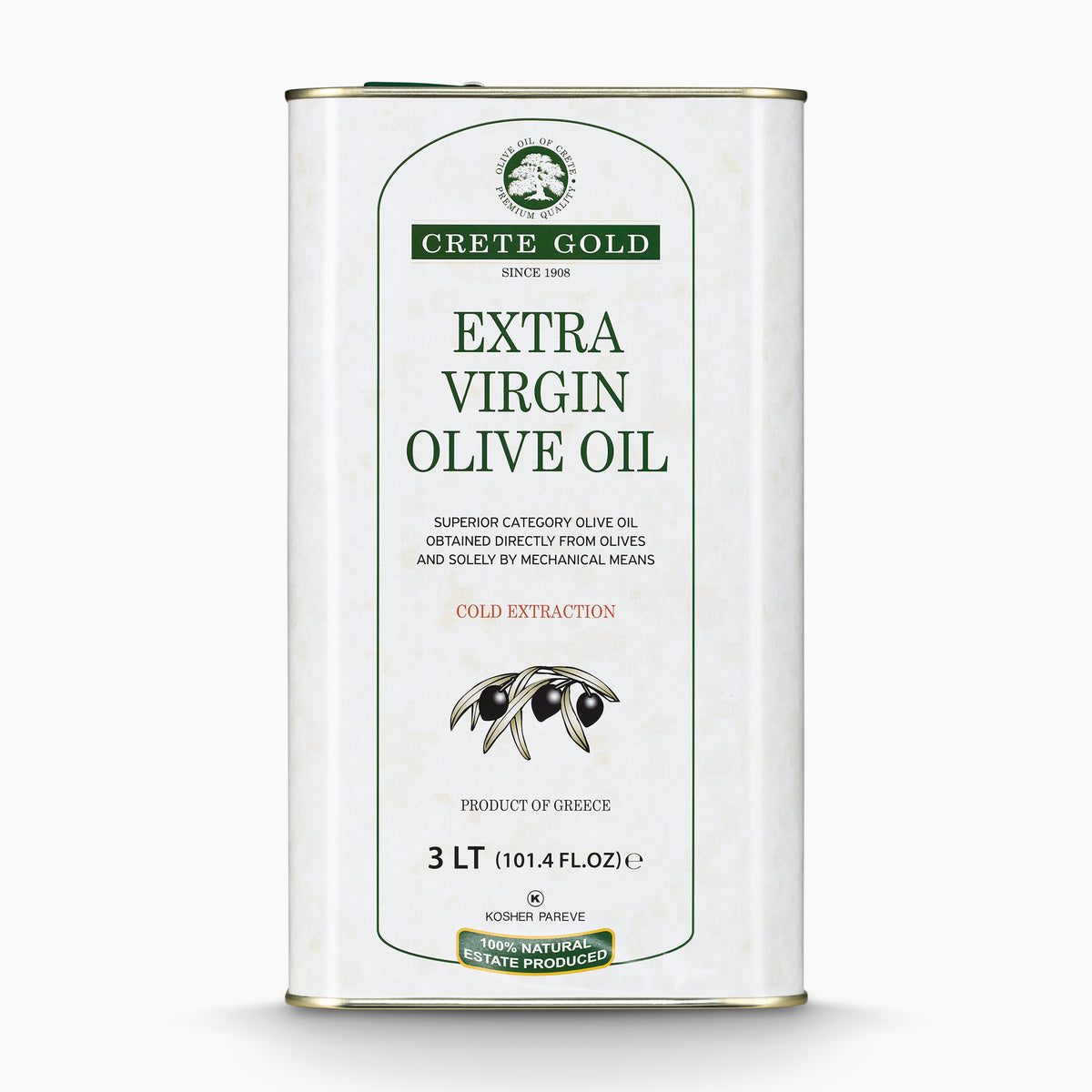 Front view of Crete Gold 3L extra virgin olive oil tin.