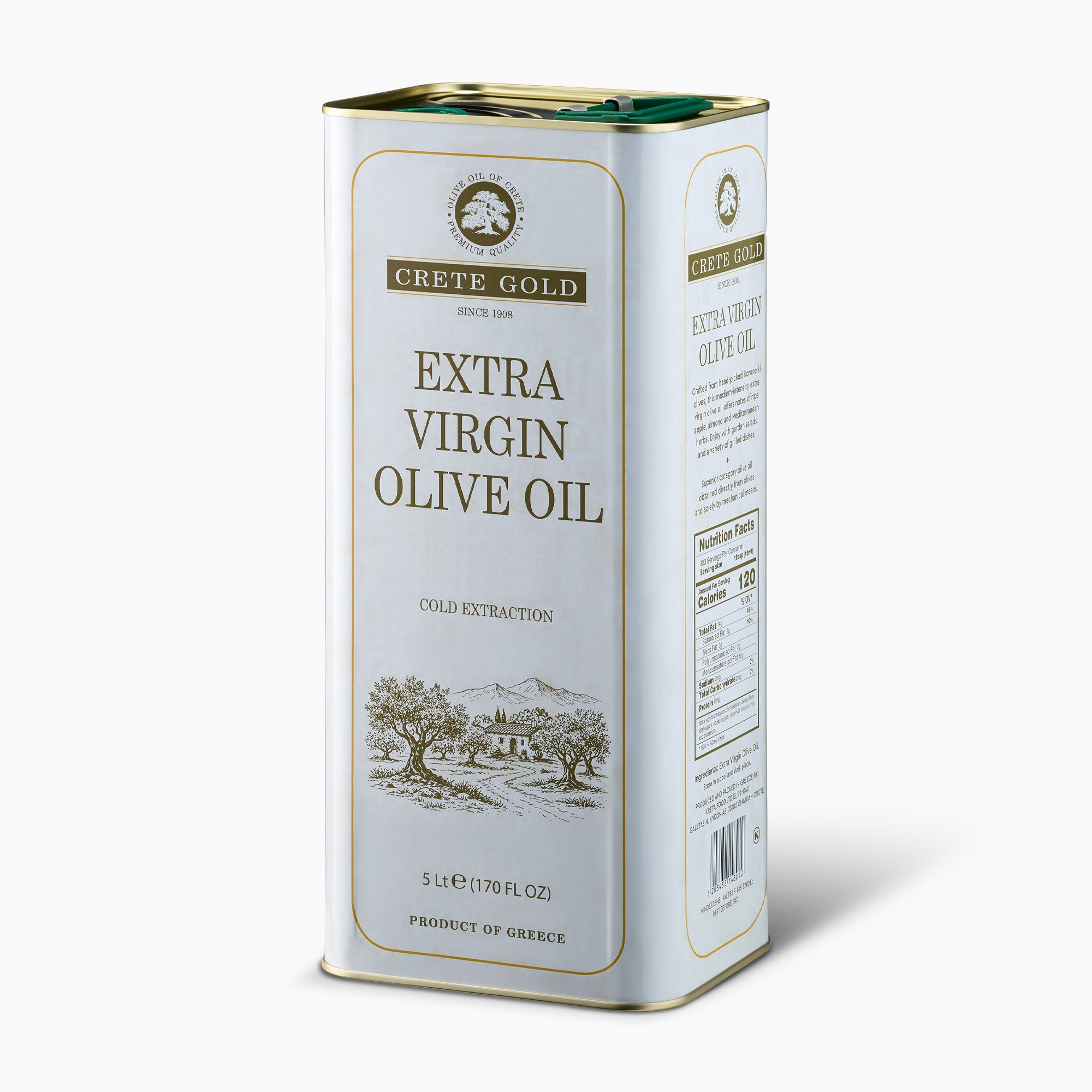 Crete Gold 5L extra virgin olive oil tin from an angled view.