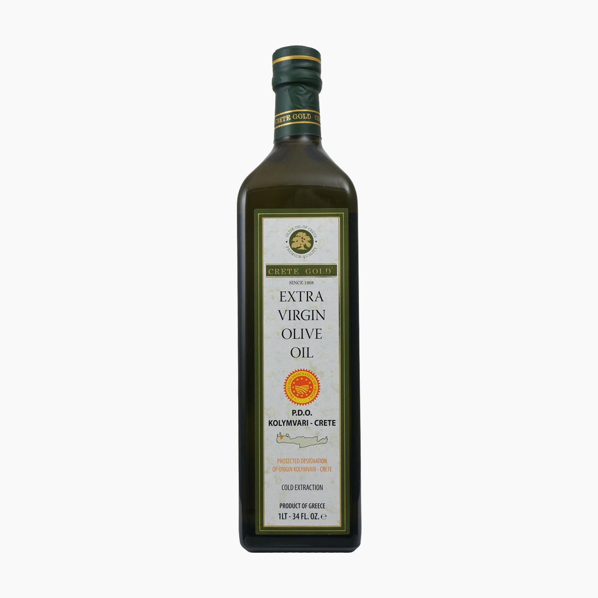 1L bottle of Crete Gold PDO Kolymvari extra virgin olive oil from Crete, Greece.
