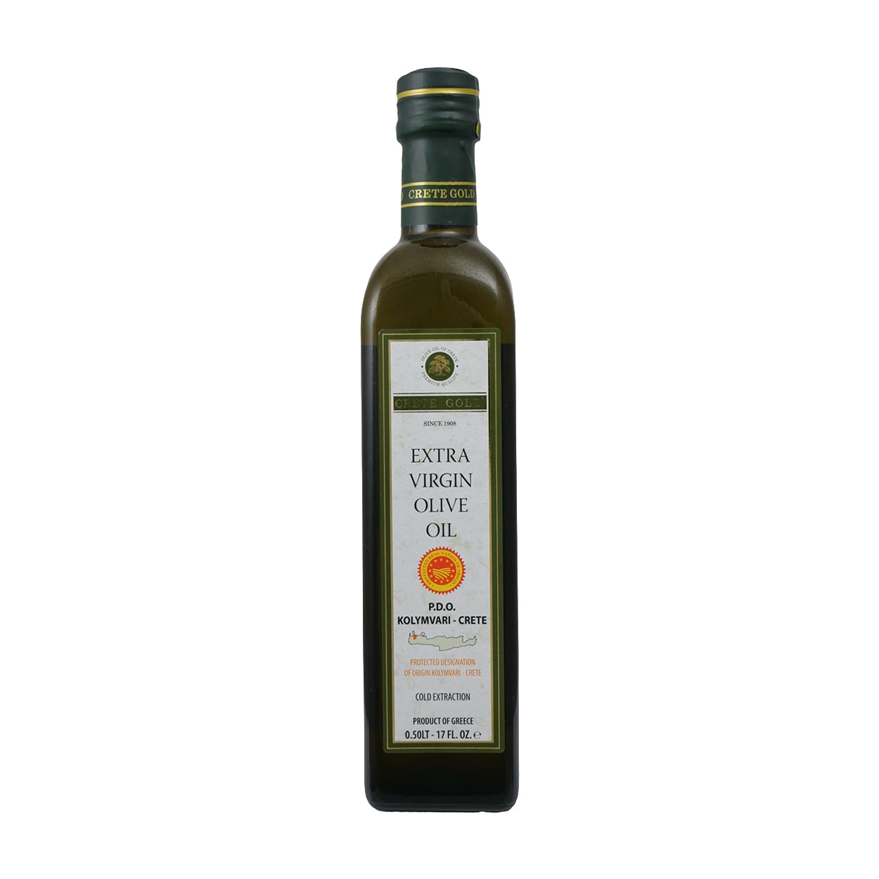 500 ml bottle of Crete Gold PDO Kolymvari extra virgin olive oil from Crete, Greece.