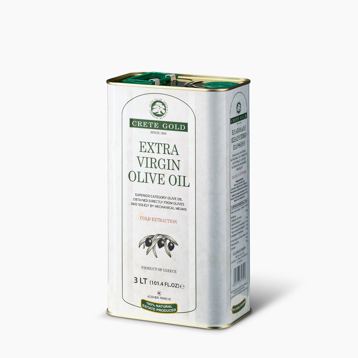 Crete Gold 3L extra virgin olive oil tin from an angled front view.