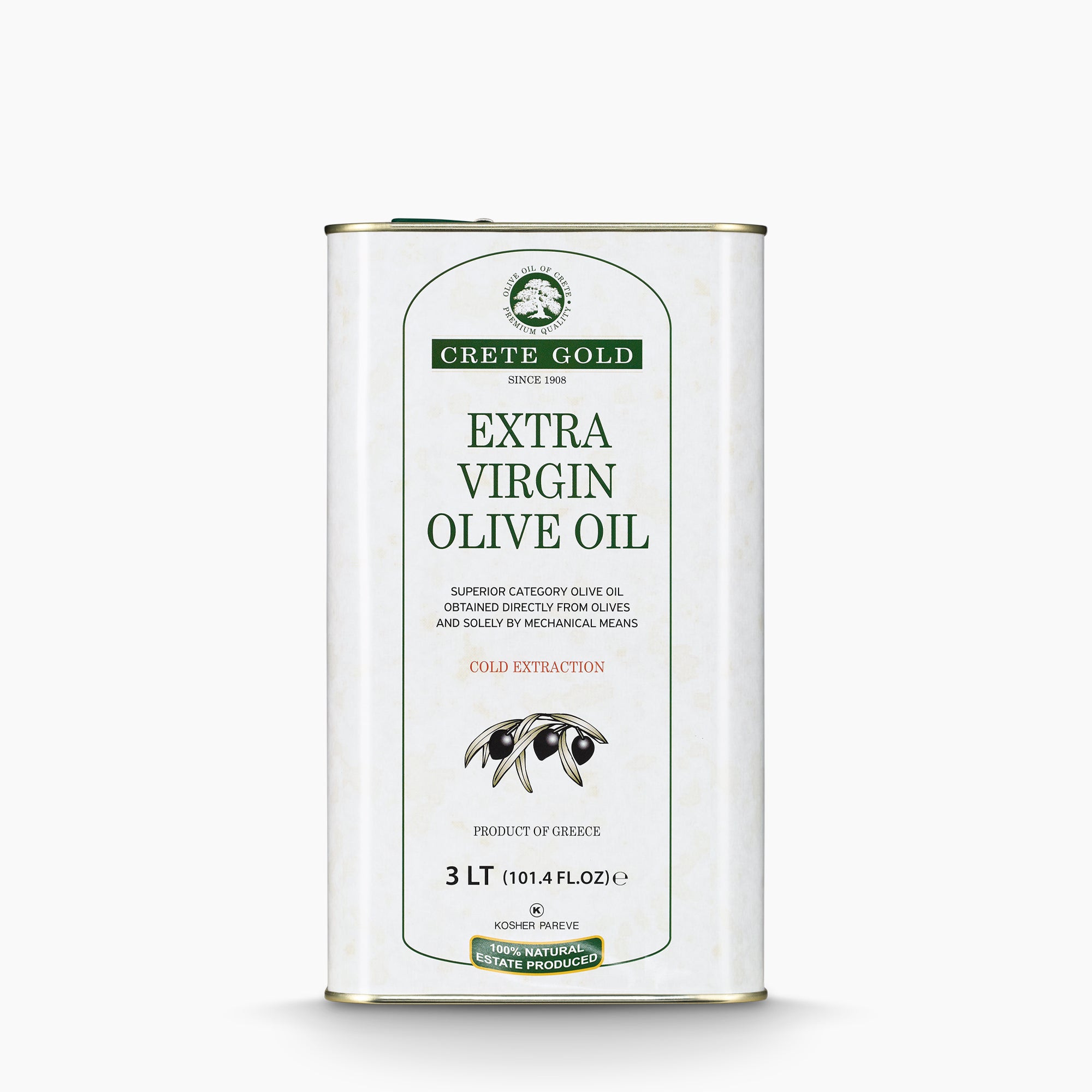Front view of Crete Gold 3L extra virgin olive oil tin.