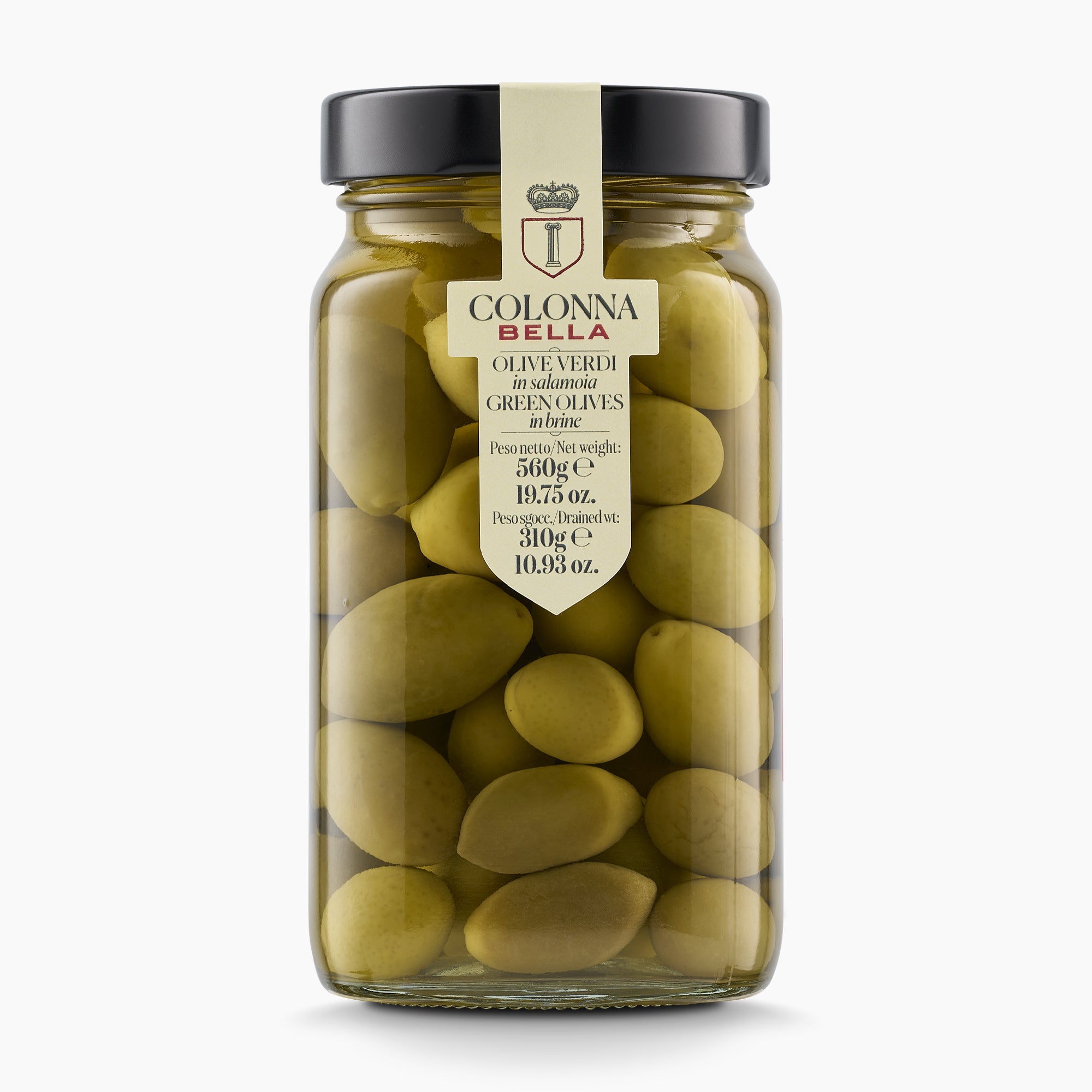 560g jar of Colonna Bella di Colonna Green Olives from Italy.