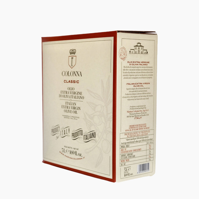 Angled view of Colonna Classic 5L Bag-in-Box extra virgin olive oil.