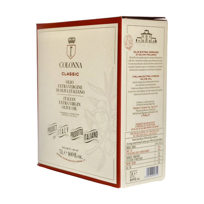 Angled view of Colonna Classic 5L Bag-in-Box extra virgin olive oil.