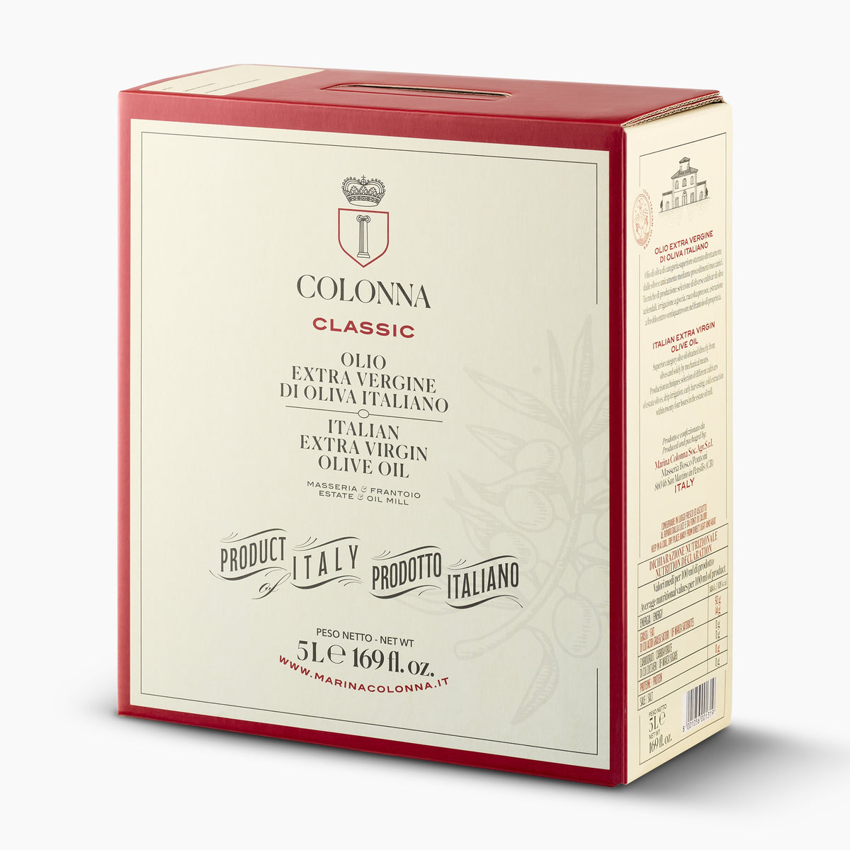 Angled view of Colonna Classic 5L Bag-in-Box extra virgin olive oil.