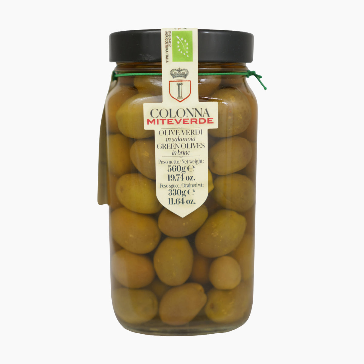560g jar of Colonna Organic MiteVerde Green Olives from Italy.