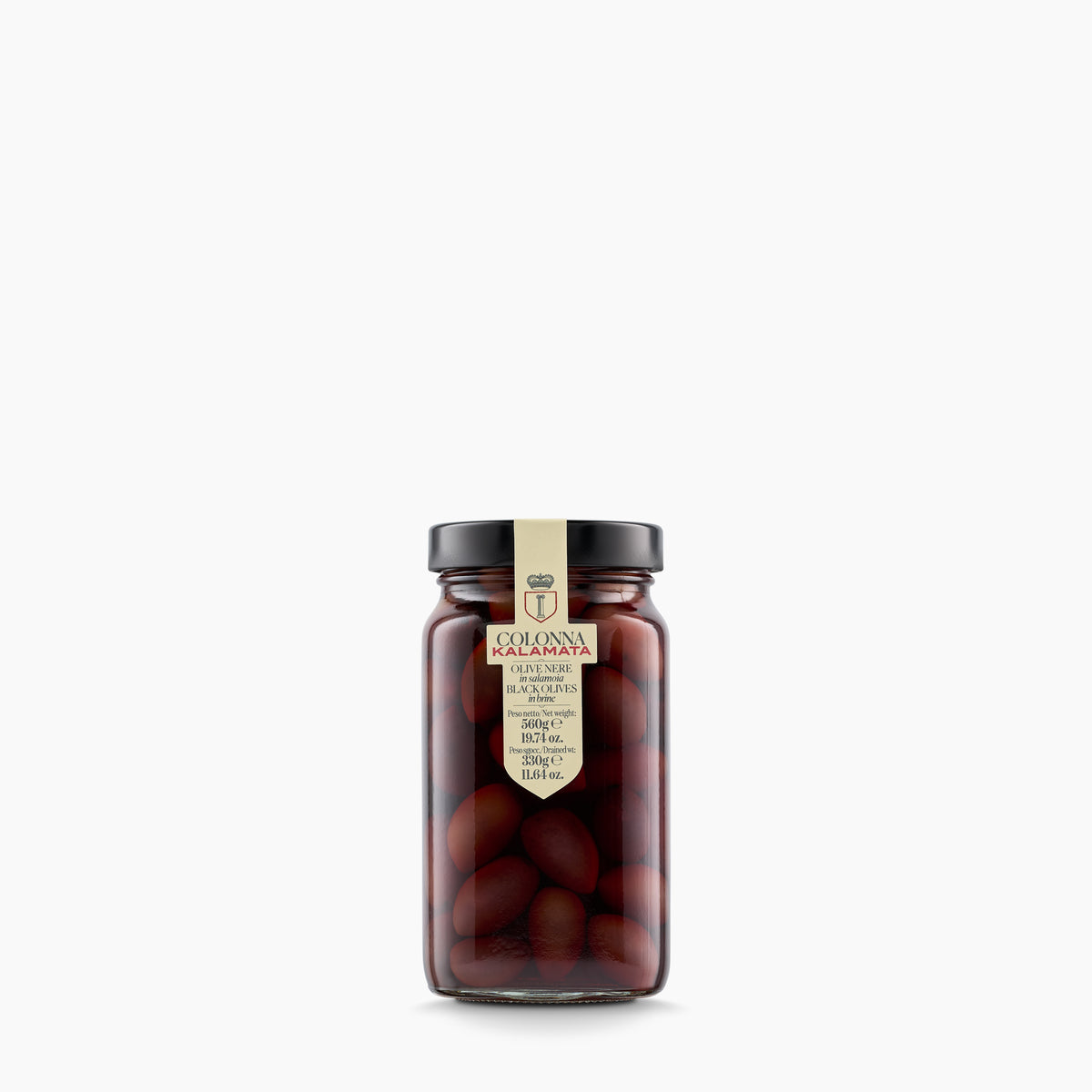 560g jar of Colonna Kalamata Black Olives from Italy.