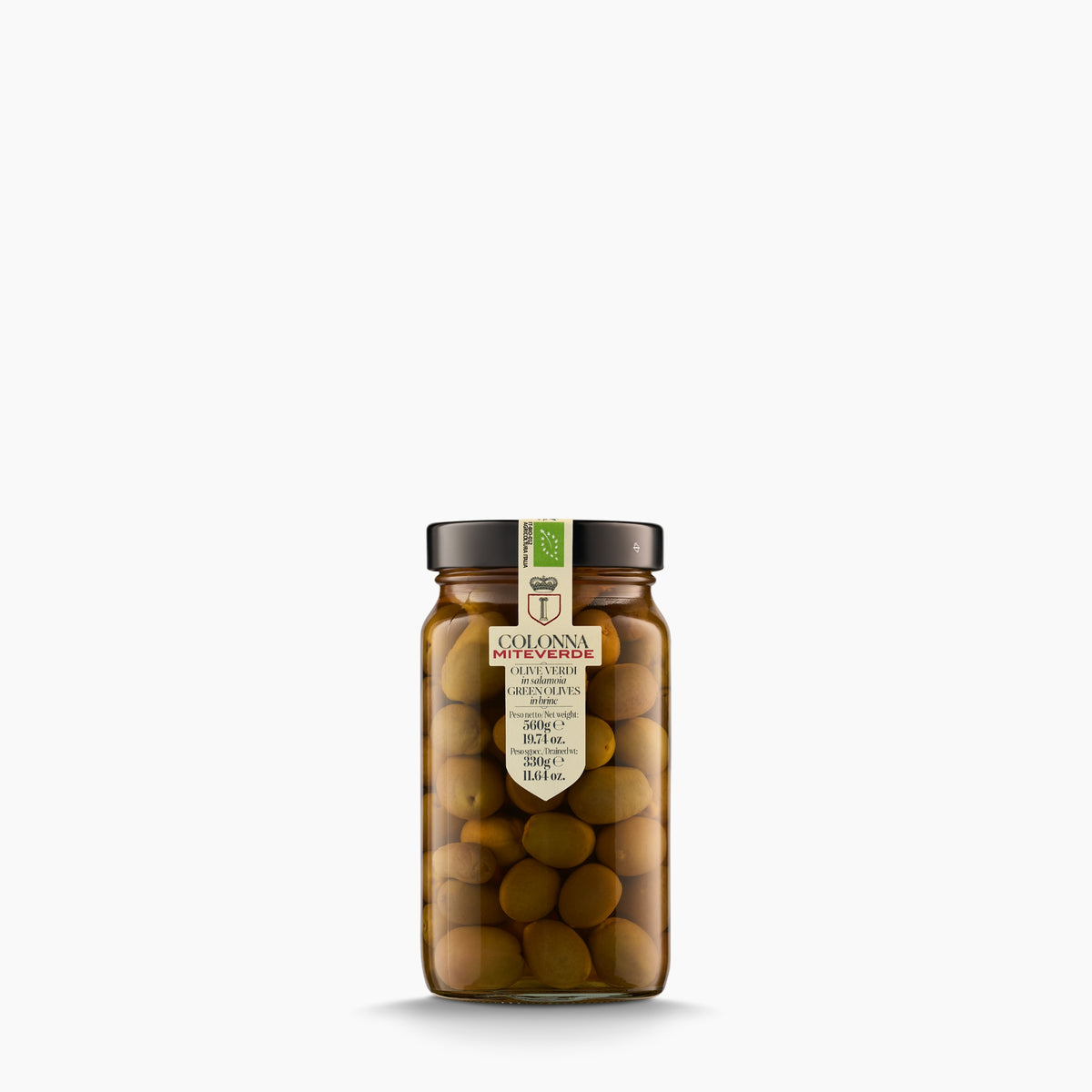 560g jar of Colonna Organic MiteVerde Green Olives from Italy.