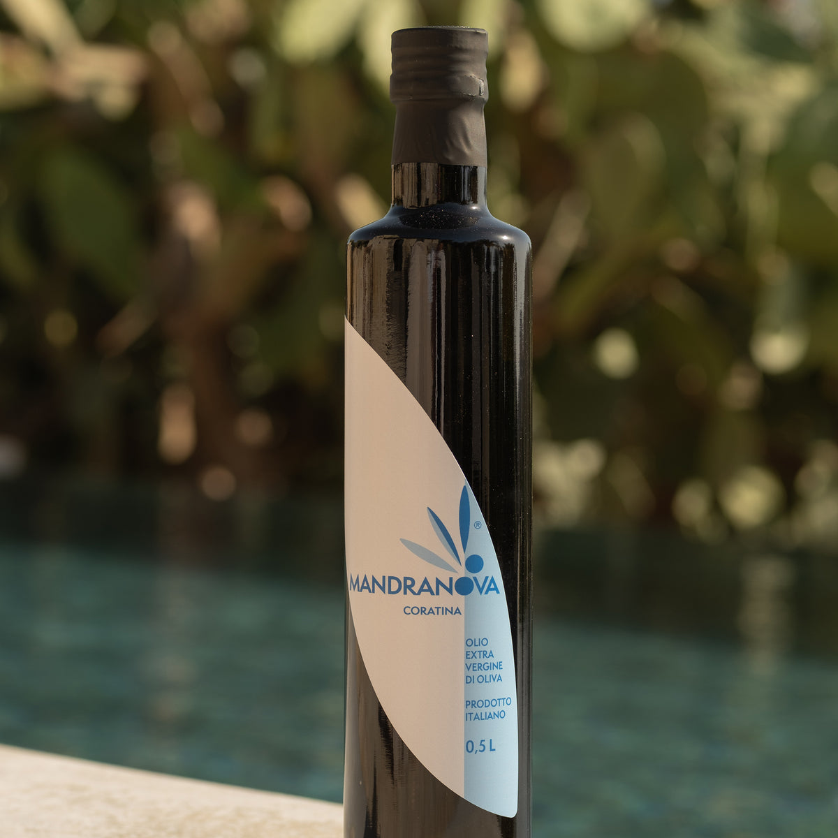 Close view of Mandranova Coratina 500 ml olive oil bottle beside a pool.