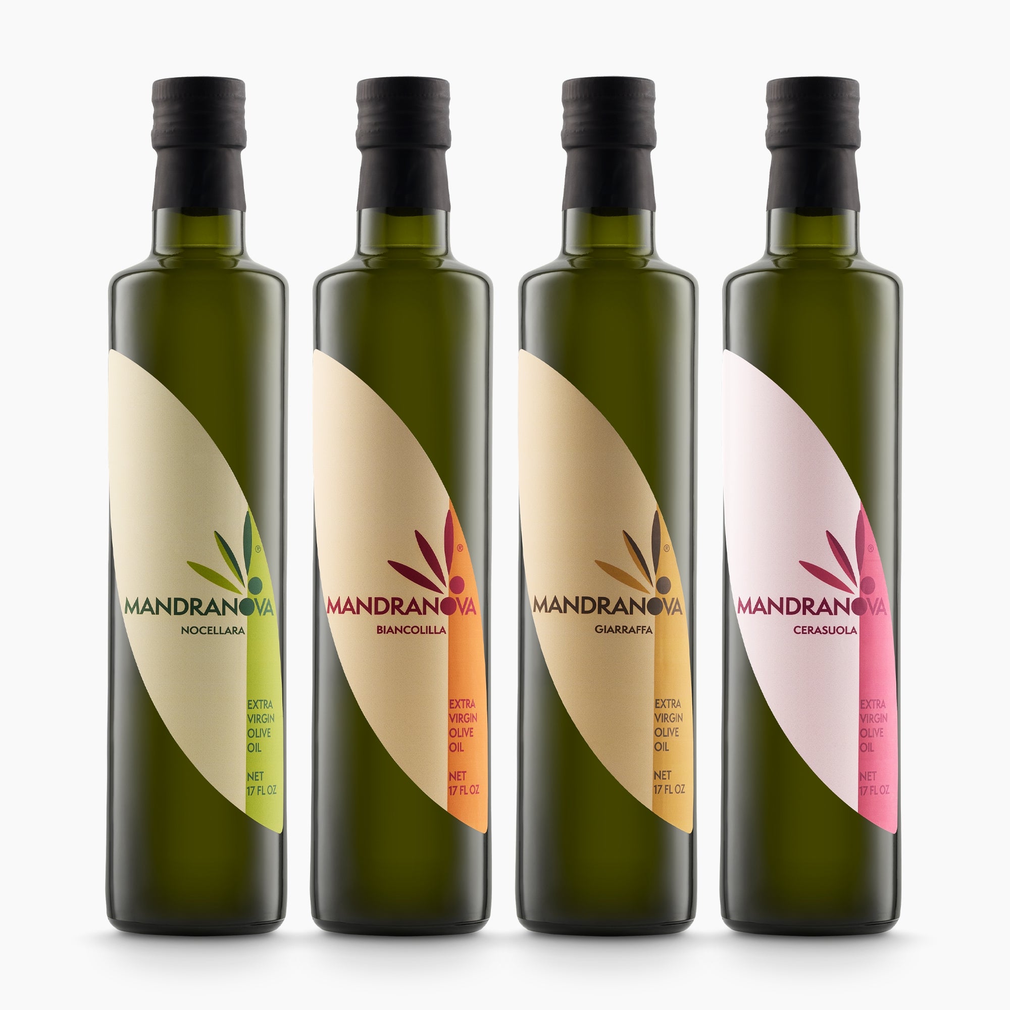 Mandranova Monocultivar set with four 500 ml olive oil bottles; Nocellara, Biancolilla, Giarraffa, and Cerasuola.