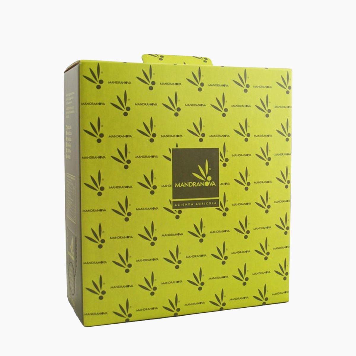 Angled view of a 5L bag-in-box of Mandranova Nocellara extra virgin olive oil.