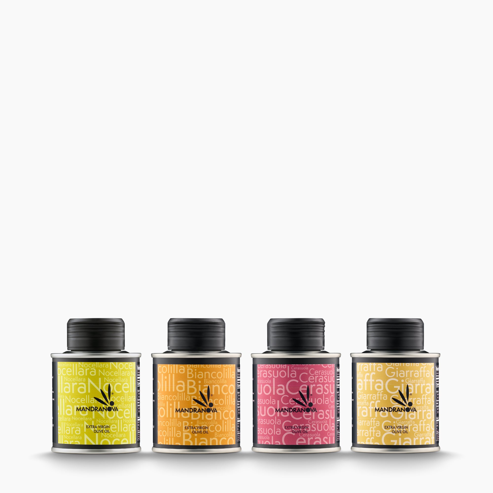 Mandranova Travel Pack set with four 100 ml bottles of monocultivar extra virgin olive oil.