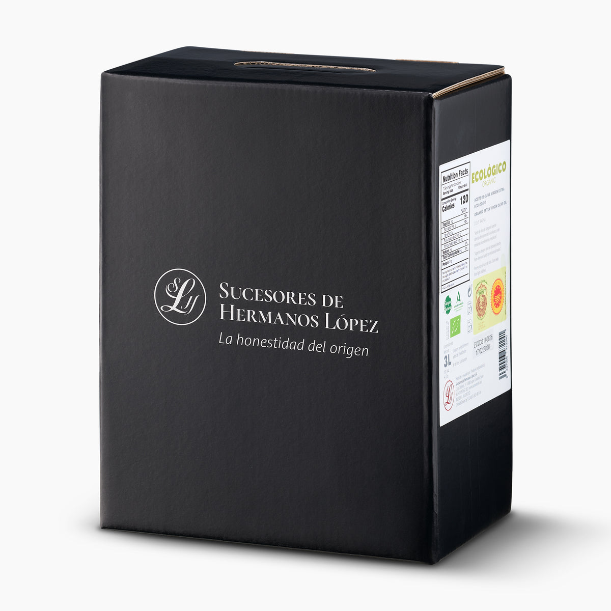 Angled view of La Laguna Organic 3L Bag-In-Box extra virgin olive oil.