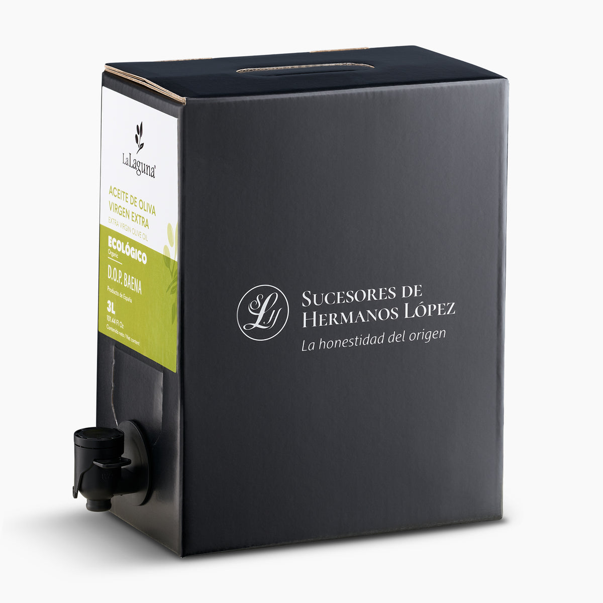 La Laguna Organic 3L Bag-In-Box extra virgin olive oil with dispensing spout extended.