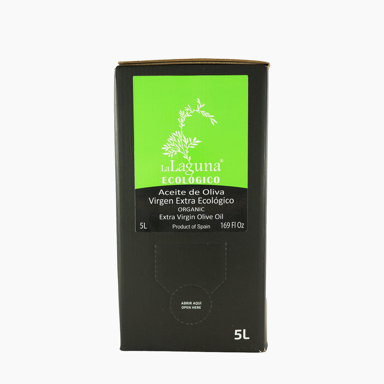 A 5L Bag-in-Box of La Laguna Organic extra virgin olive oil from Andalusia, Spain.
