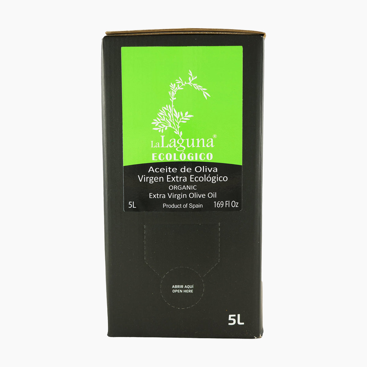 A 5L Bag-in-Box of La Laguna Organic extra virgin olive oil from Andalusia, Spain.