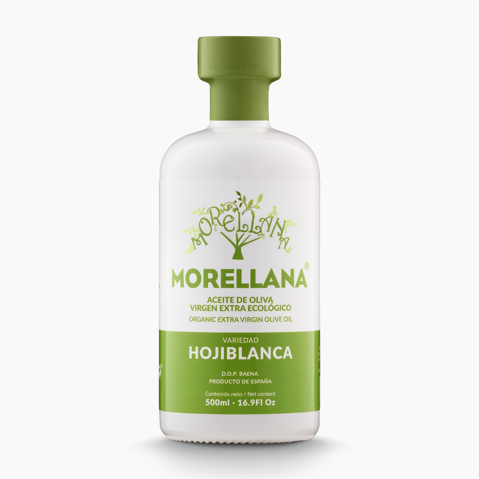 Morellana Organic Hojiblanca DOP Baena extra virgin olive oil, 500 ml bottle.
