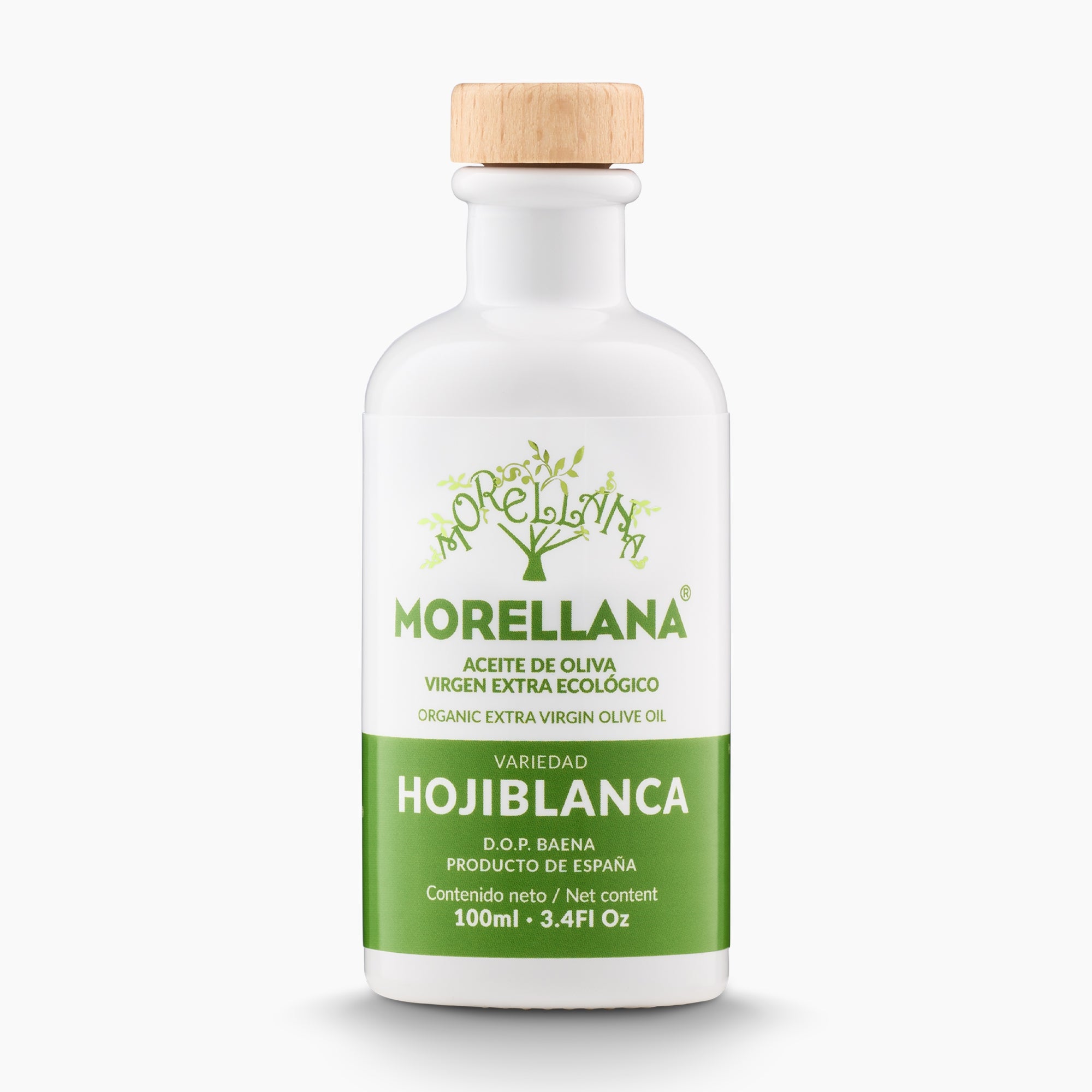 Morellana Organic Hojiblanca DOP Baena extra virgin olive oil in a 100 ml bottle.