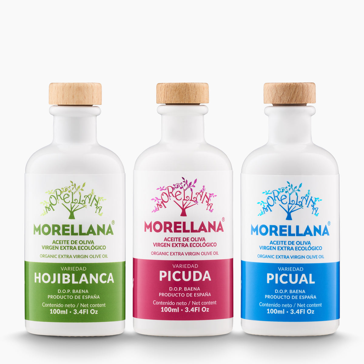 Morellana Organic Mini Sampler set with three 100 ml Hojiblanca, Picuda, and Picual extra virgin olive oil bottles.