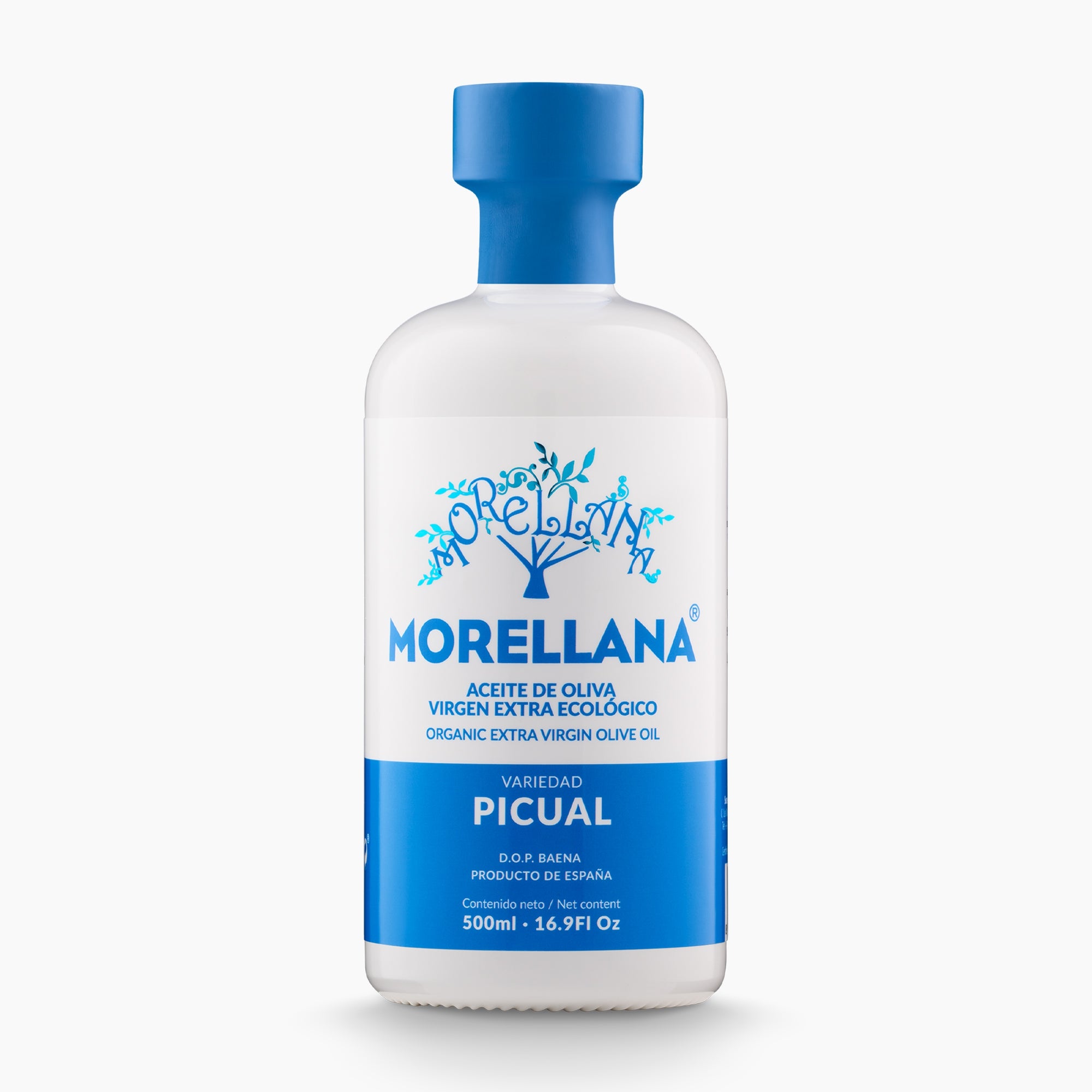 A 500 ml bottle of Morellana Organic Picual DOP Baena extra virgin olive oil.