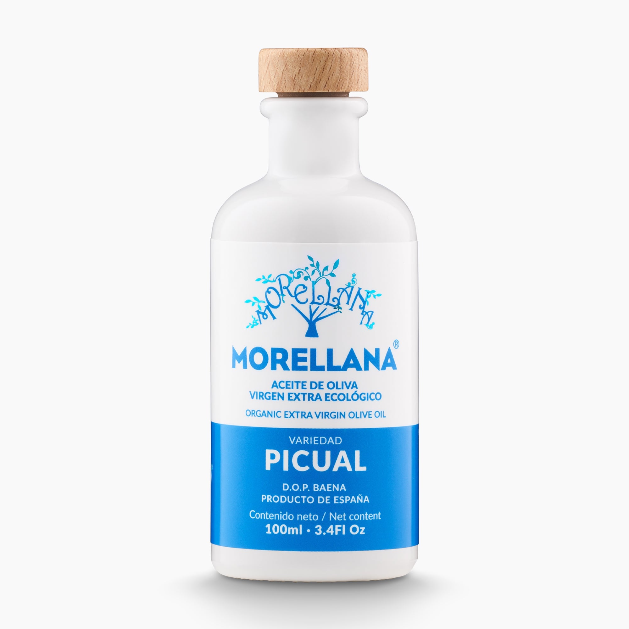 Morellana Organic Picual DOP Baena extra virgin olive oil in a 100 ml bottle.