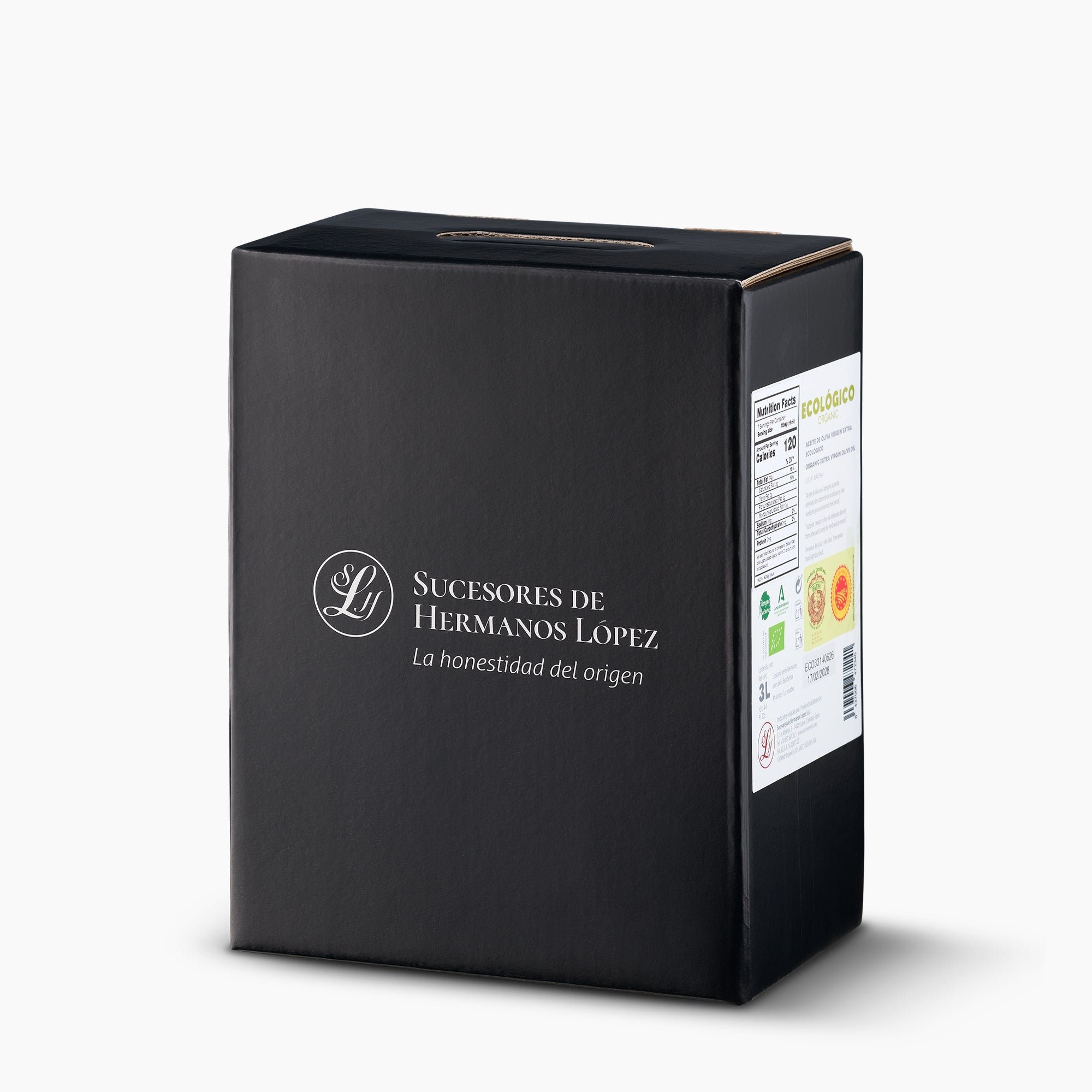 Angled view of La Laguna Organic 3L Bag-In-Box extra virgin olive oil.