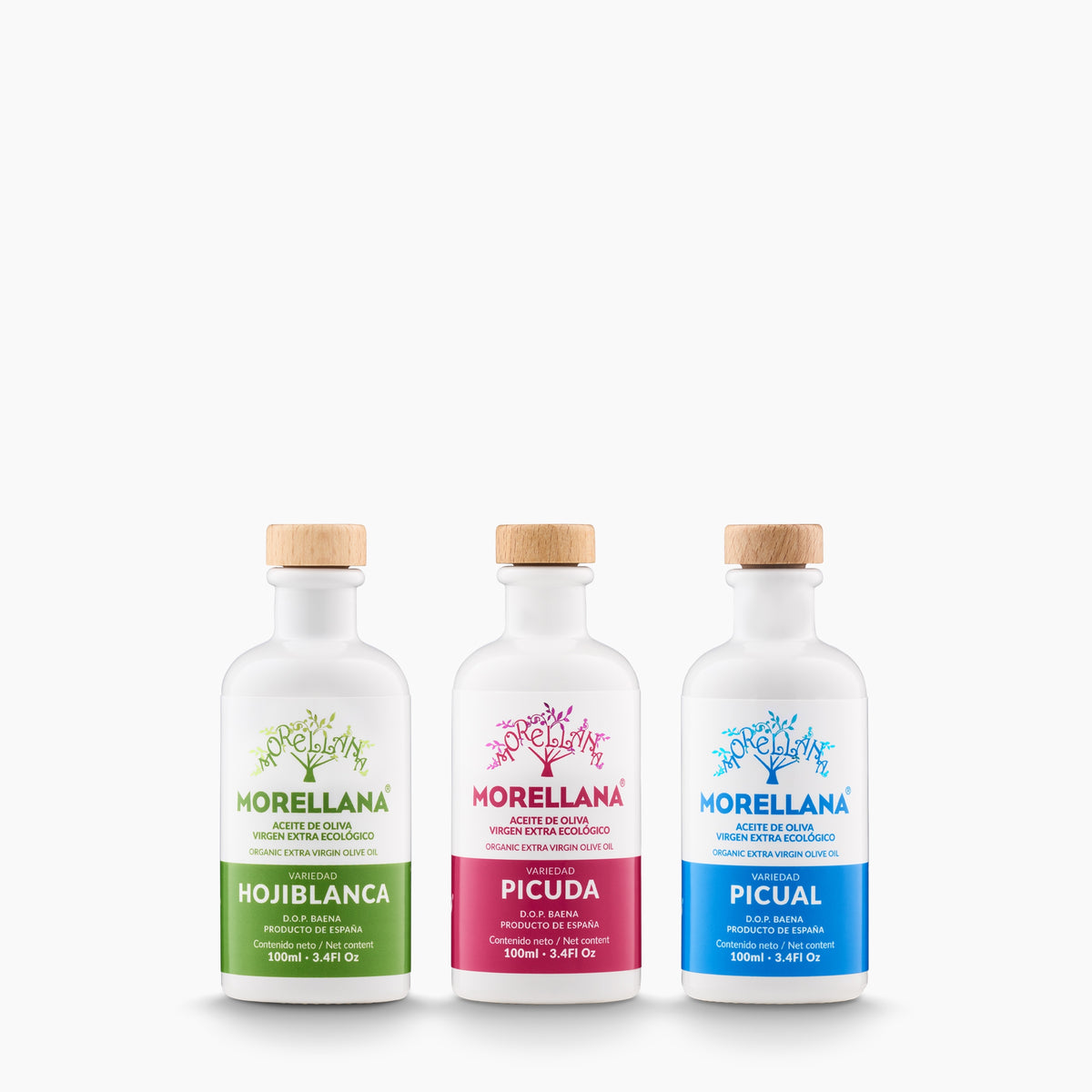 Morellana Organic Mini Sampler set with three 100 ml Hojiblanca, Picuda, and Picual extra virgin olive oil bottles.