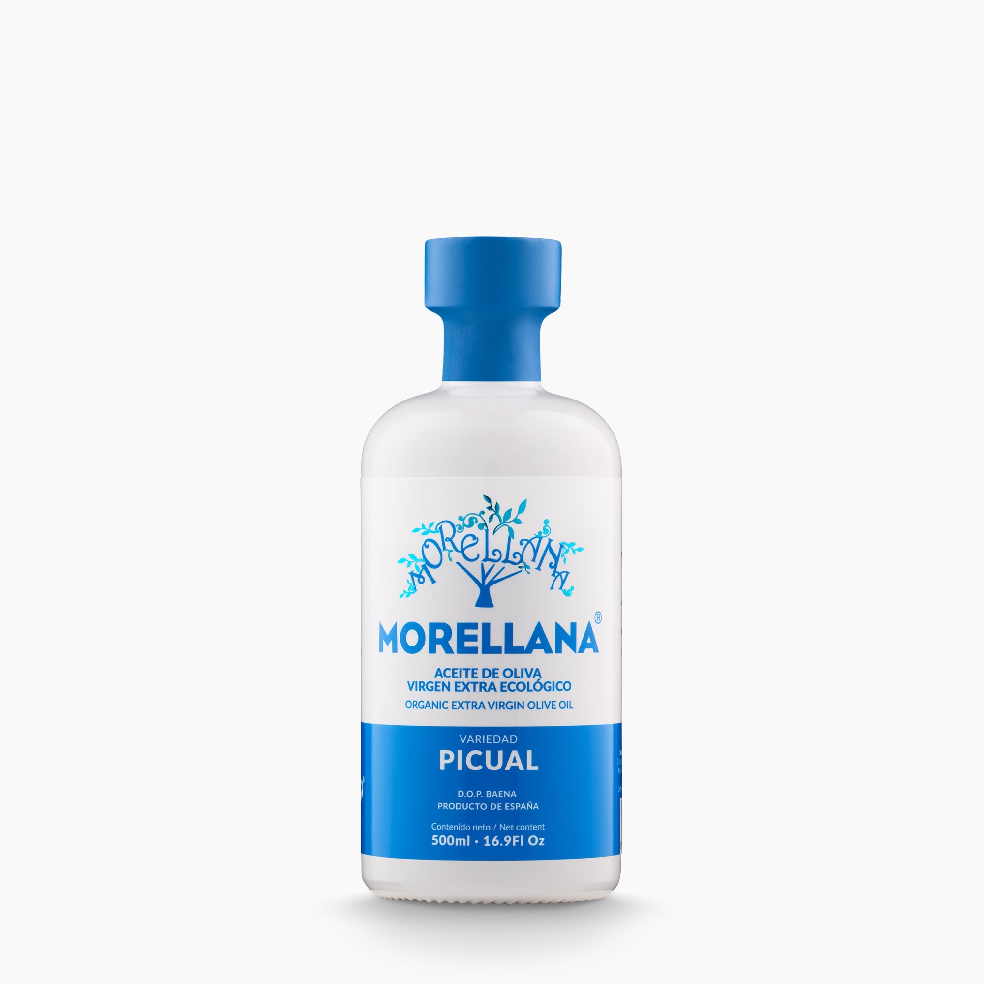 A 500 ml bottle of Morellana Organic Picual DOP Baena extra virgin olive oil.