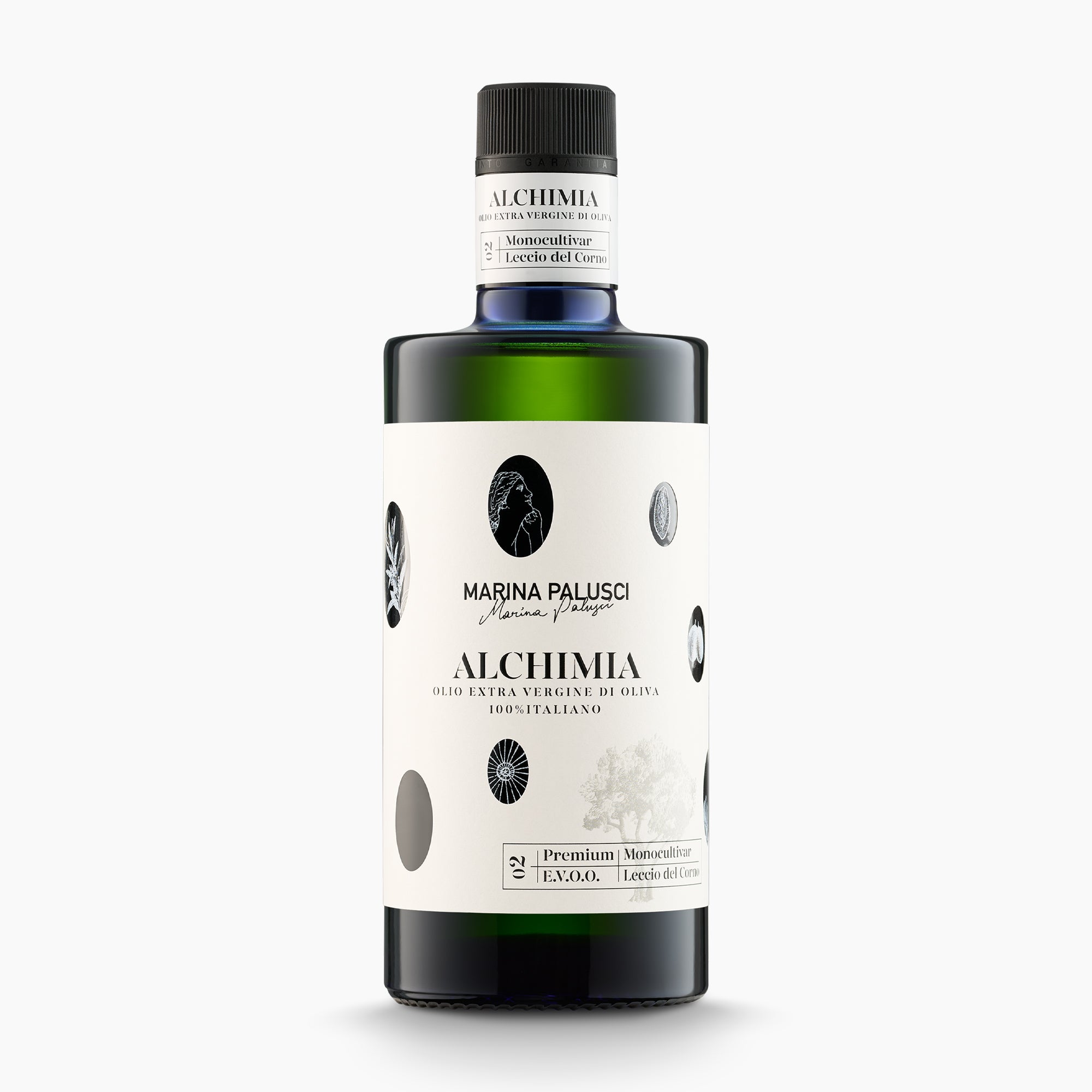 500 ml bottle of Marina Palusci Alchimia extra virgin olive oil from Abruzzo, Italy.