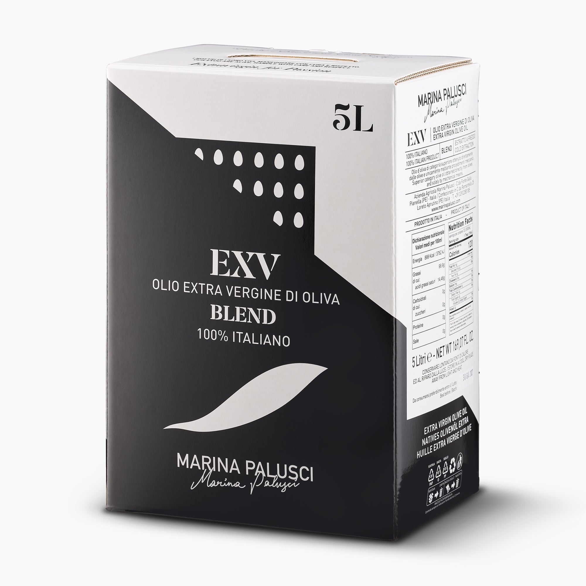 Angled view of Marina Palusci L'Extravergine 5L Bag-in-Box.