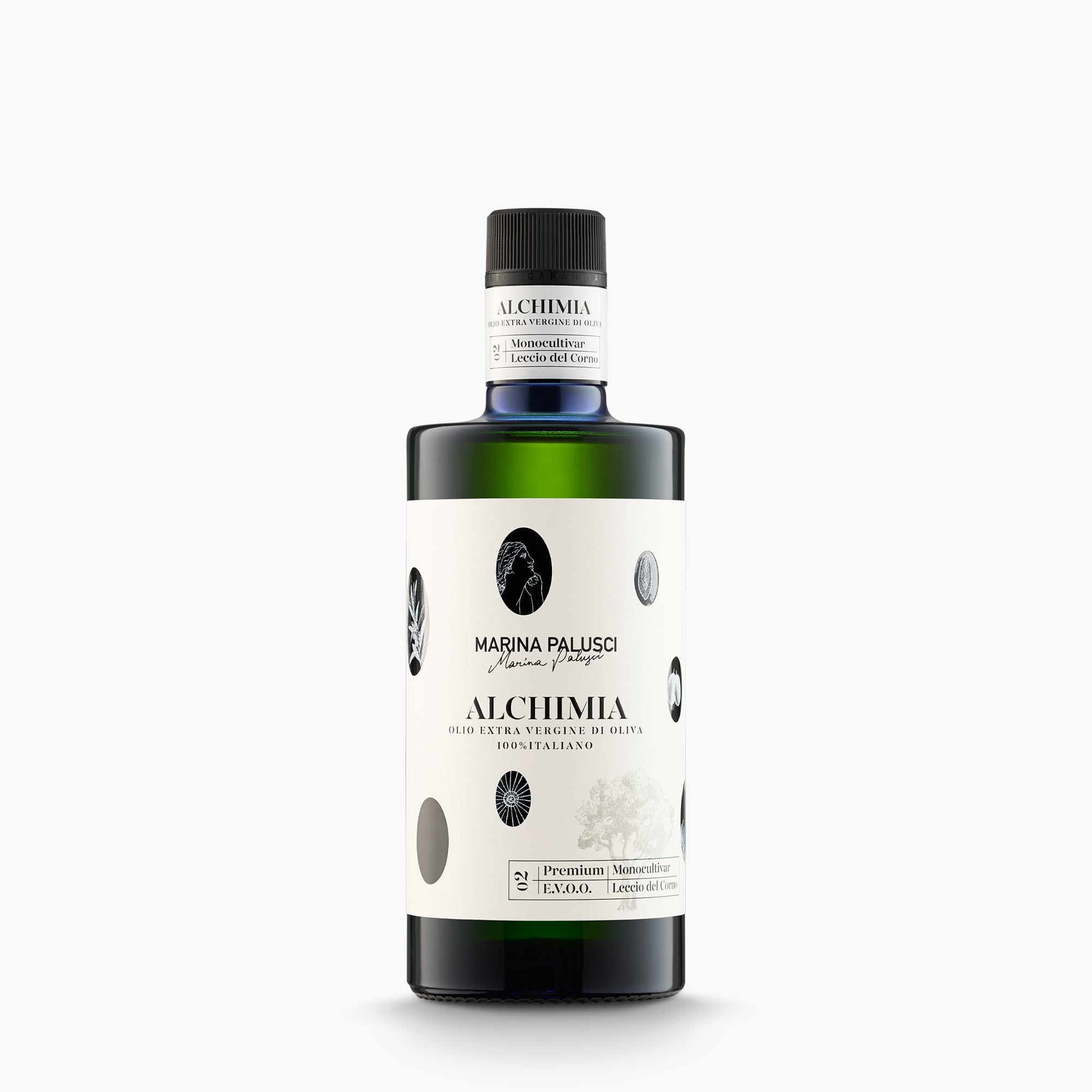 500 ml bottle of Marina Palusci Alchimia extra virgin olive oil from Abruzzo, Italy.