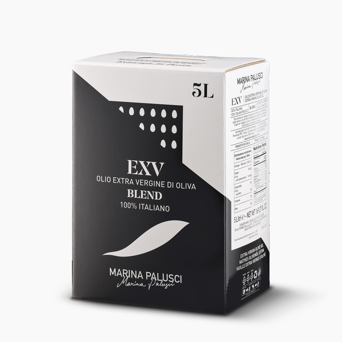 Angled view of Marina Palusci L'Extravergine 5L Bag-in-Box.