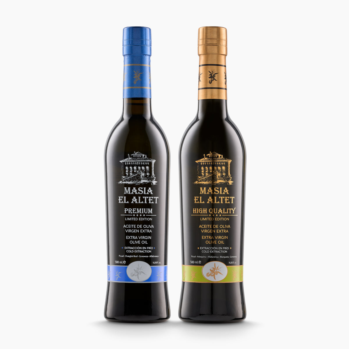 Two 500 ml Masia El Altet bottles; Premium and High Quality, from Valencia, Spain.
