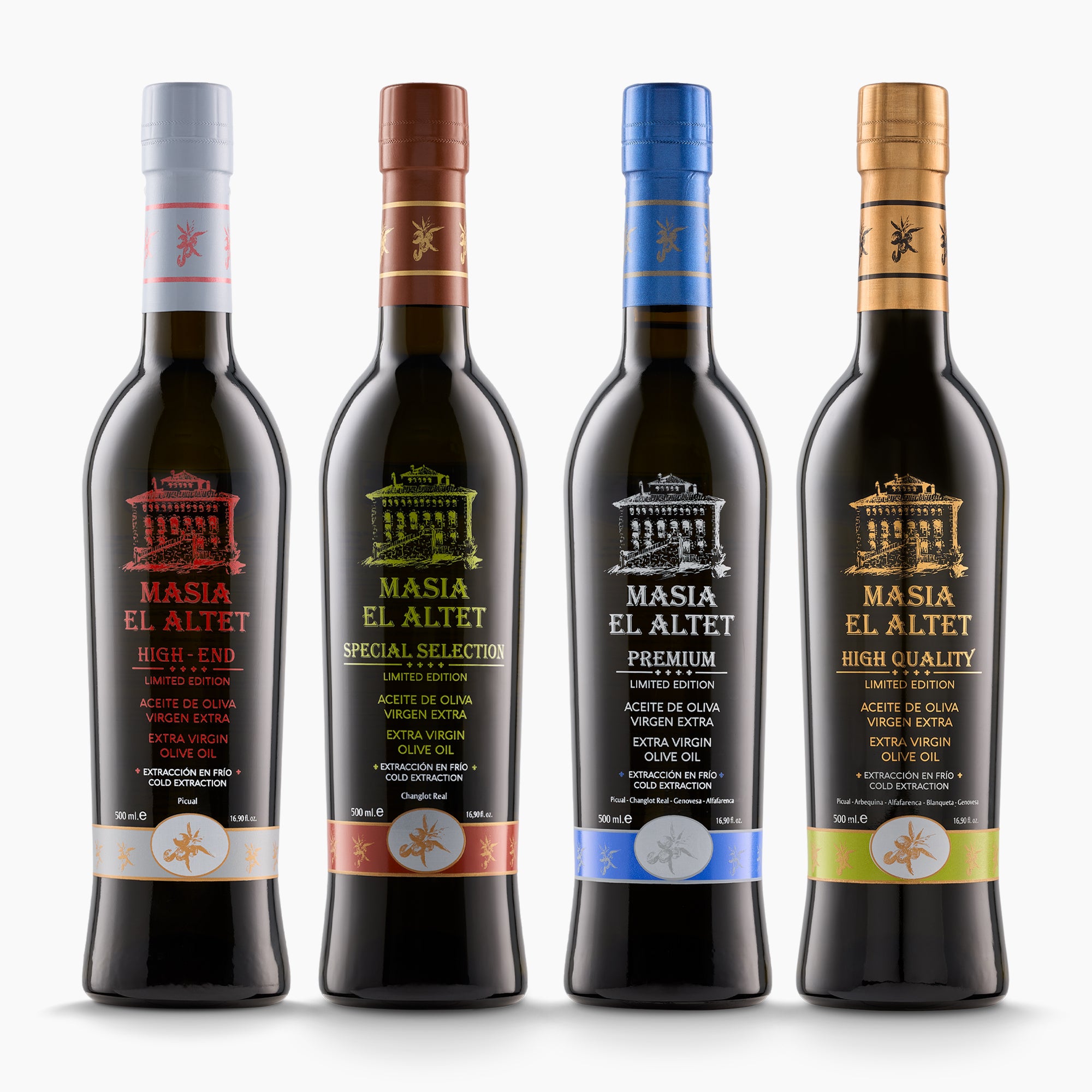 Four Masia el Altet extra virgin olive oil bottles; High End, Special Selection, Premium, and High Quality.