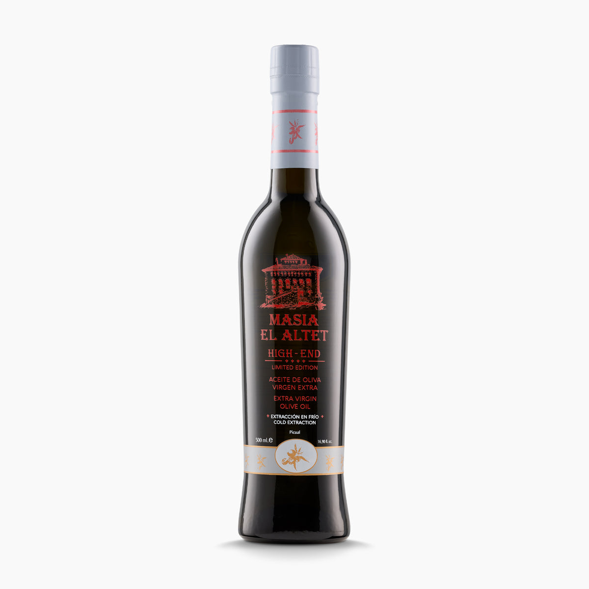 500 ml bottle of Masia el Altet High End extra virgin olive oil from Valencia, Spain.