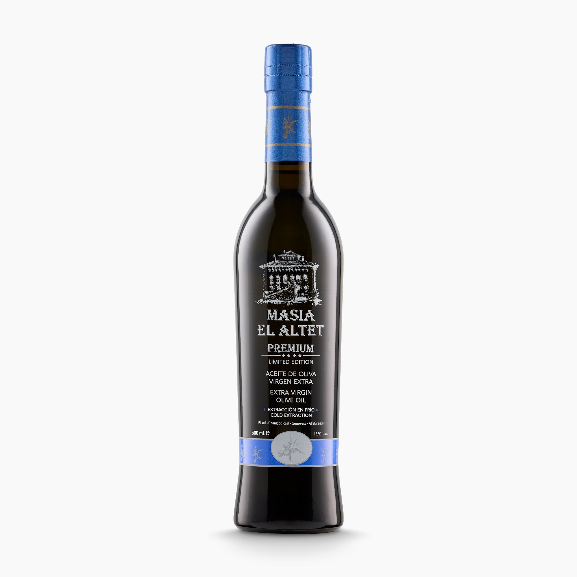500 ml bottle of Masia el Altet Premium extra virgin olive oil from Valencia, Spain.