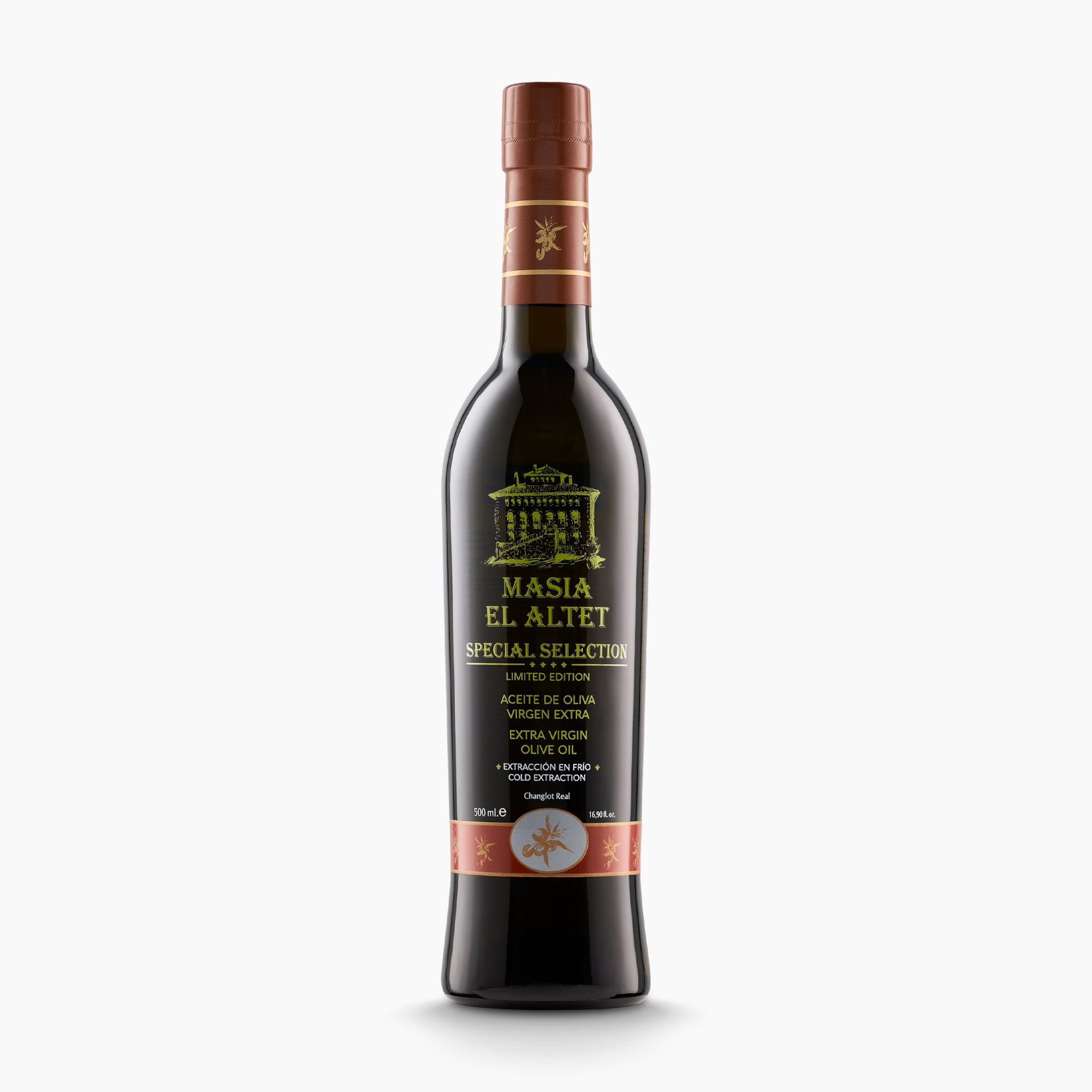500 ml bottle of Masia el Altet Special Selection extra virgin olive oil from Valencia, Spain.