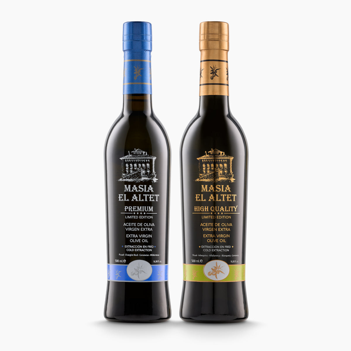Two 500 ml Masia El Altet bottles; Premium and High Quality, from Valencia, Spain.