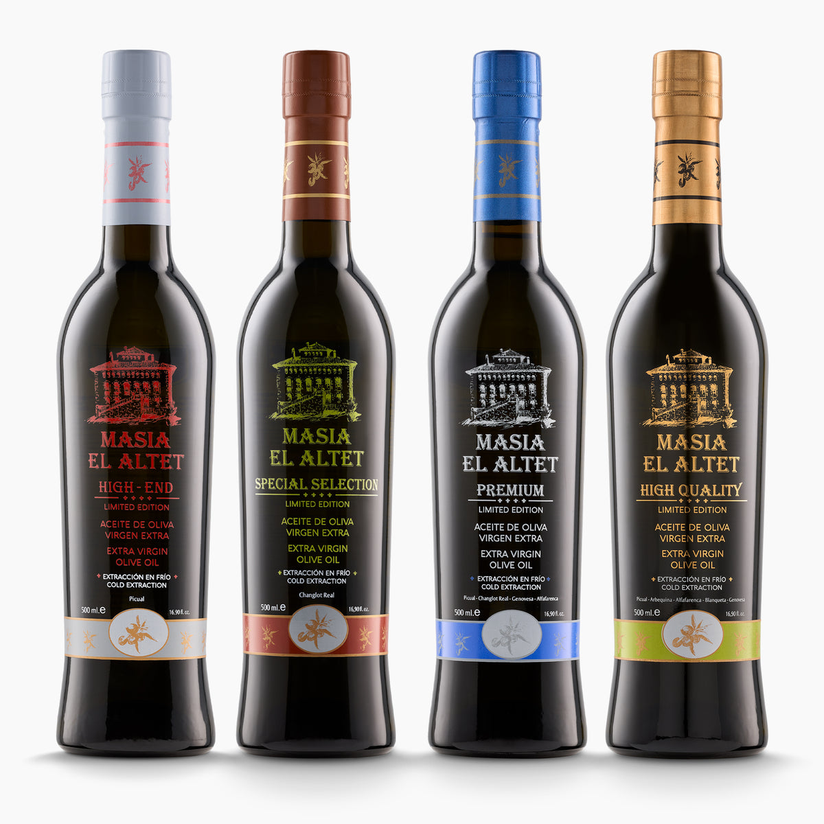 Four Masia el Altet extra virgin olive oil bottles; High End, Special Selection, Premium, and High Quality.