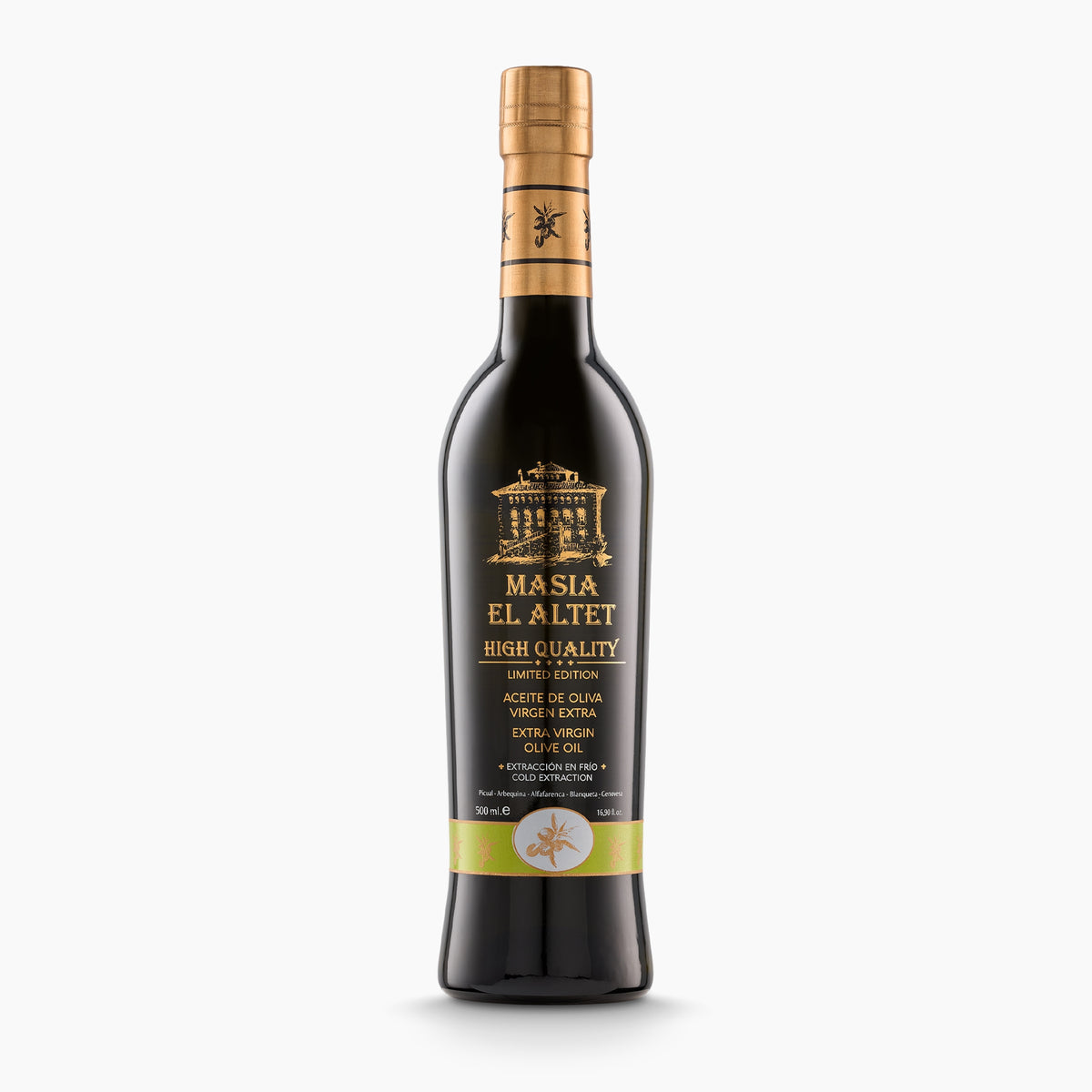Masia el Altet High Quality 500 ml extra virgin olive oil bottle from Valencia, Spain.