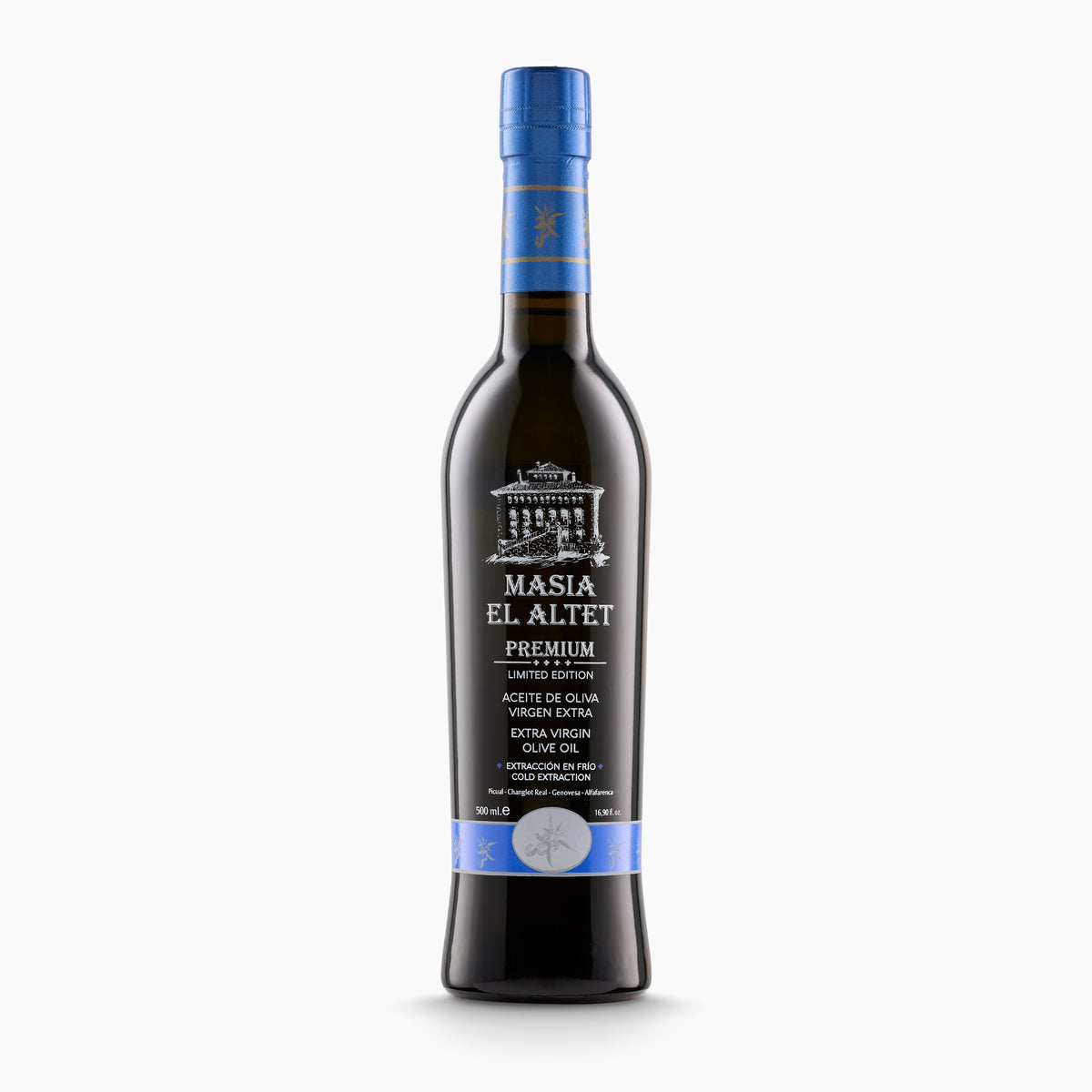 500 ml bottle of Masia el Altet Premium extra virgin olive oil from Valencia, Spain.