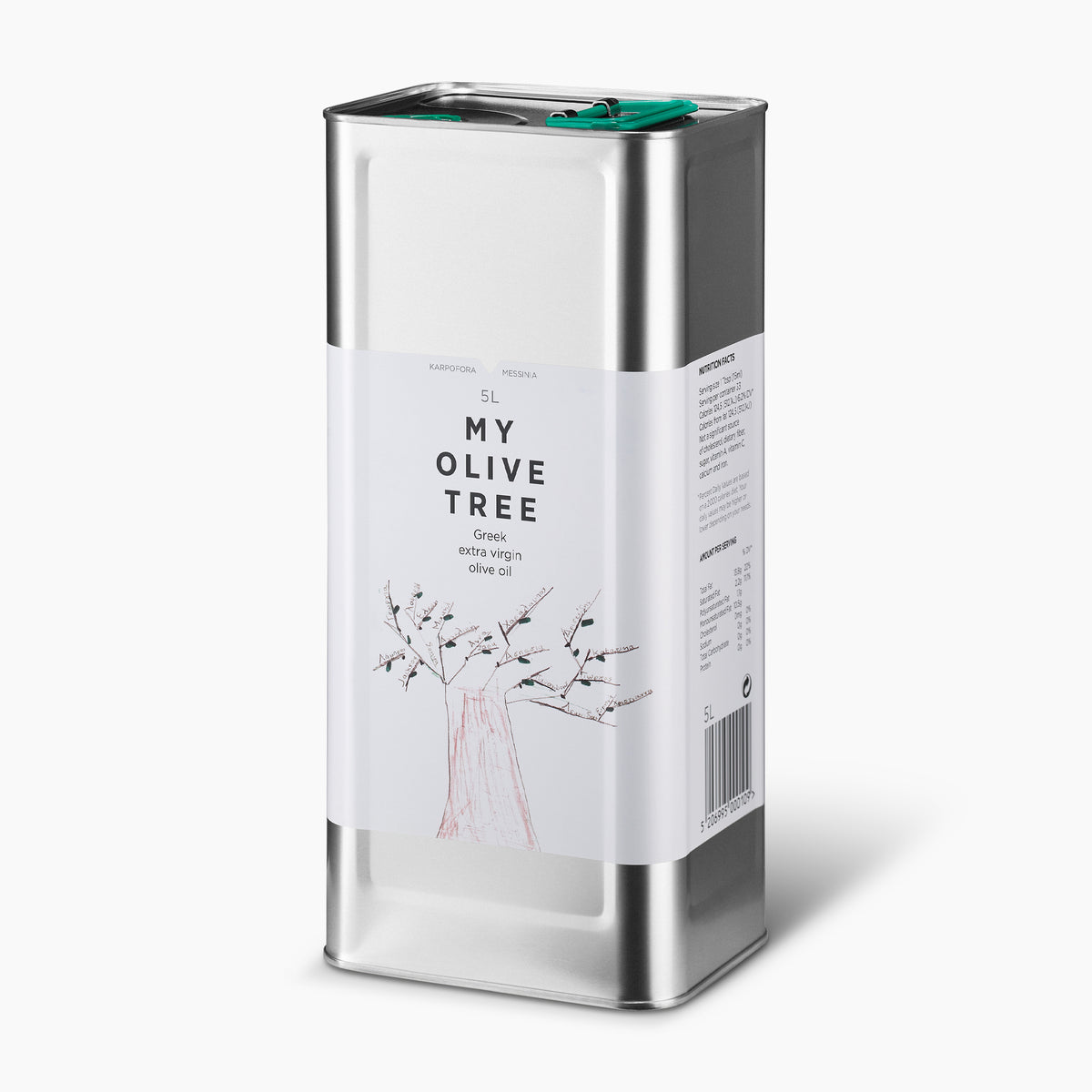 Angled view of My Olive Tree 5L Tin extra virgin olive oil from Peloponnese, Greece.