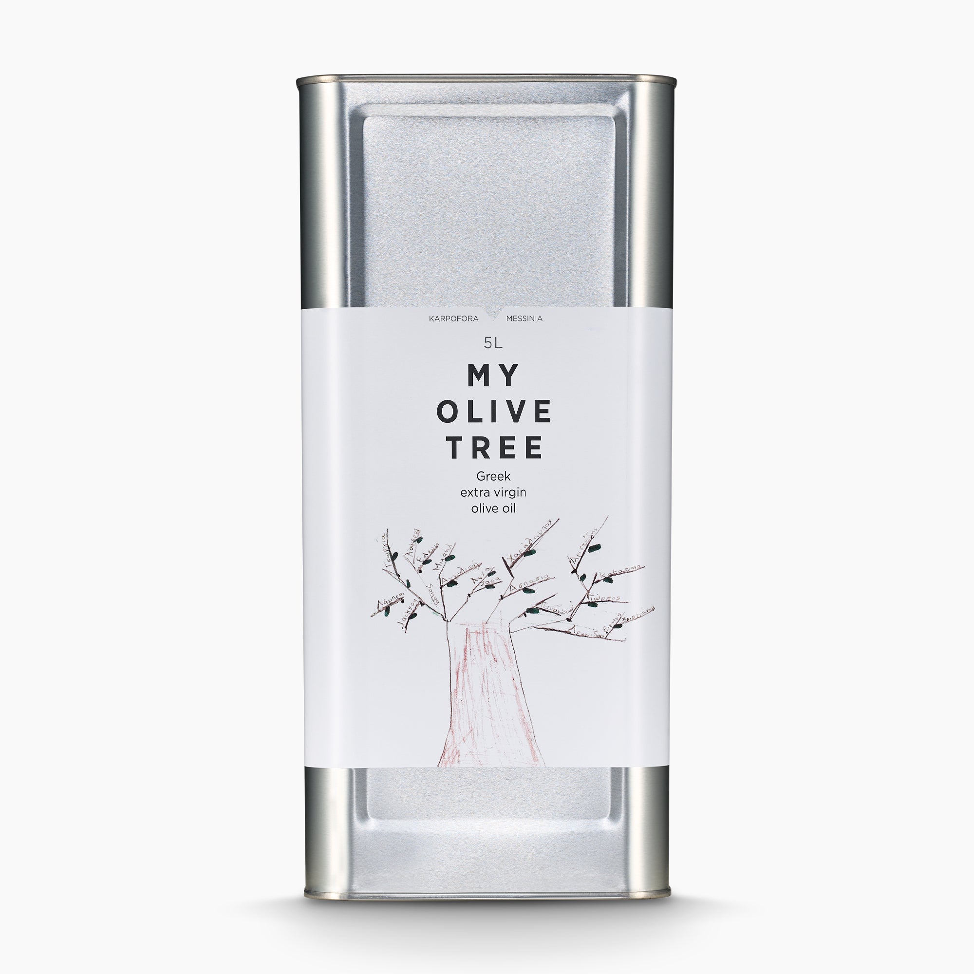 A 5L Tin of My Olive Tree extra virgin olive oil from Peloponnese, Greece.